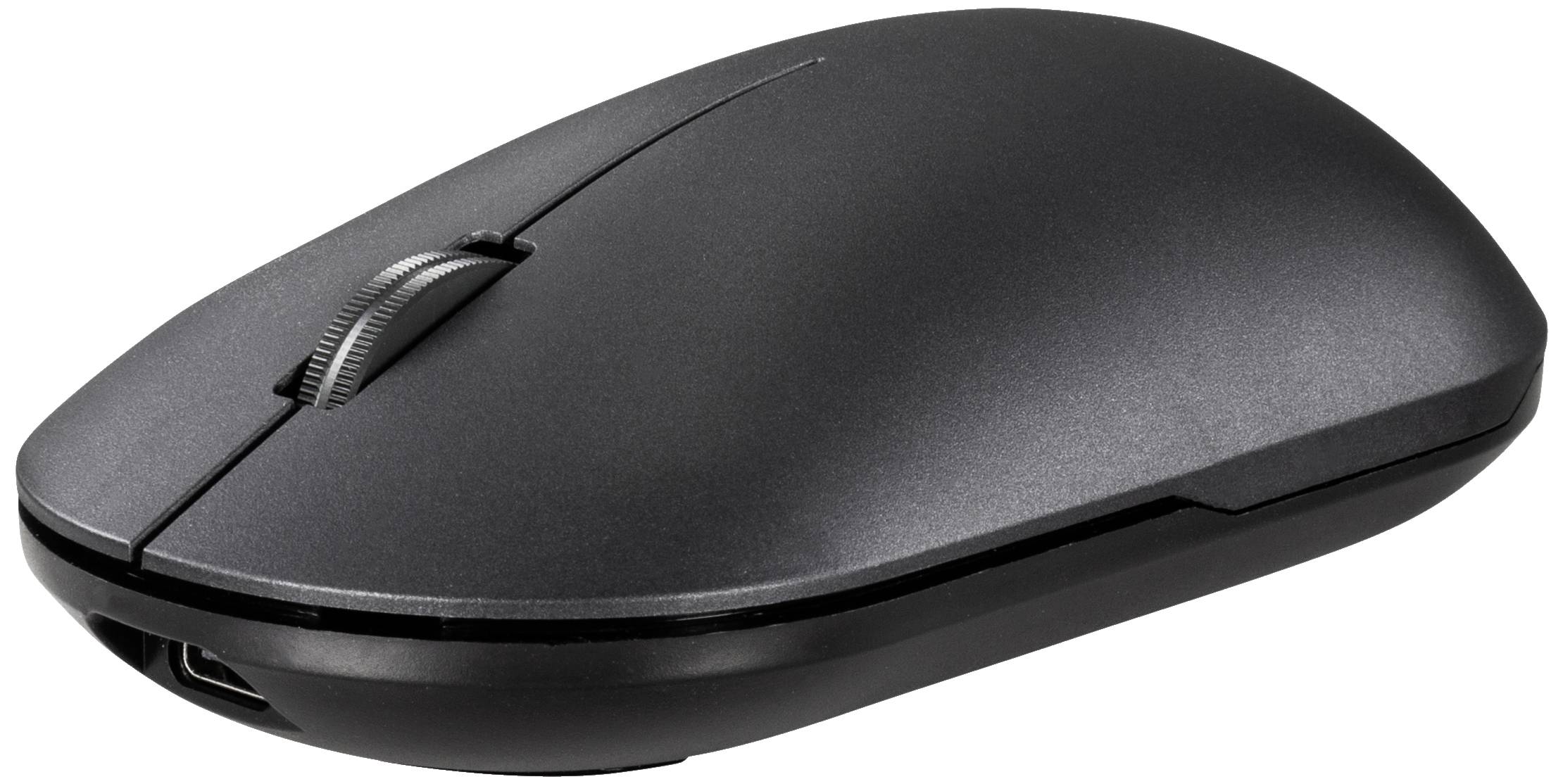 A black, wireless computer mouse with two buttons and a scroll wheel, on a white background.