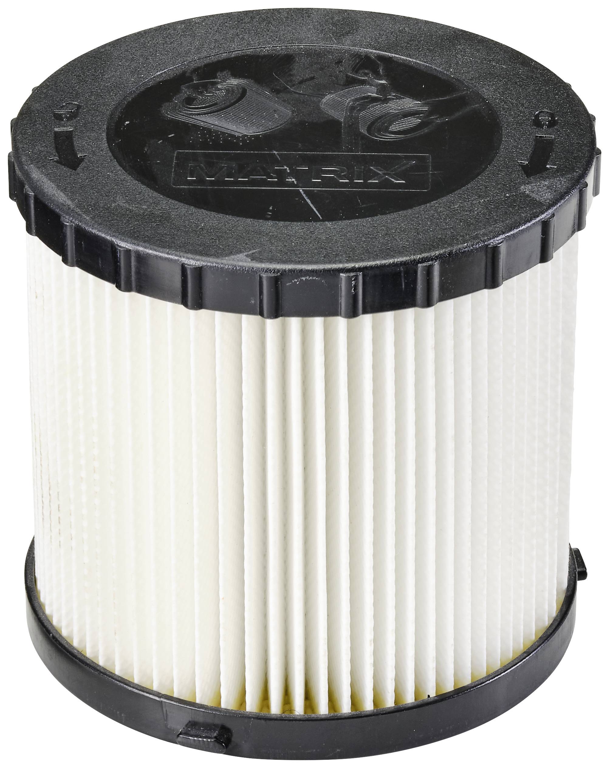 A cylindrical air filter with a black plastic lid and white pleats. The lid bears the inscription 'MATRIX'.