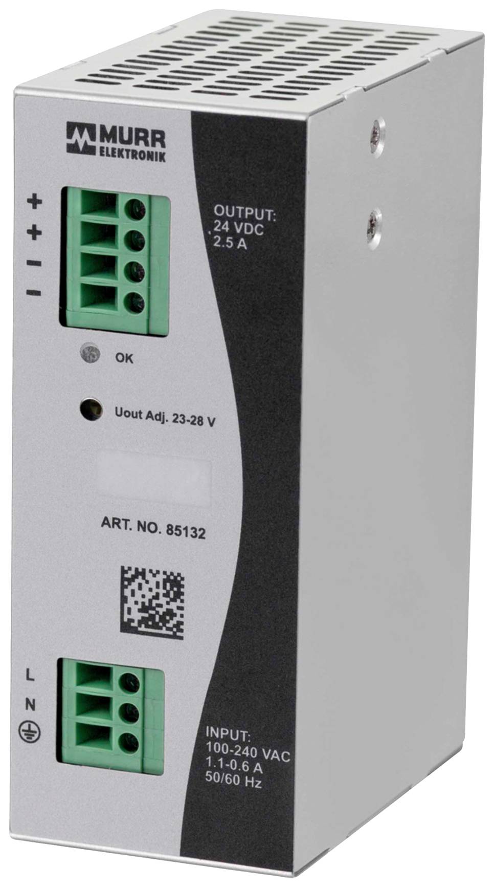 A switch-mode power supply with the markings: 'Output: 24 VDC, 2.5 A', 'Uout Adj. 23-28 V', 'Input: 100-240 VAC, 1-0.6 A, 50/60 Hz'.