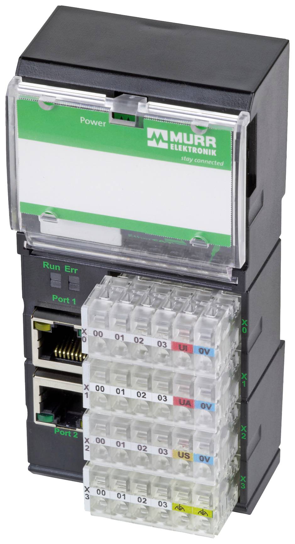 Electronic device with multiple connections and control indicators. 'Murrelektronik' is printed at the top. Contains two Ethernet ports and labelled terminals.