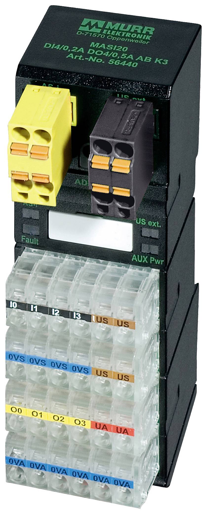Electronic module with connectors, buttons and LED indicators. Yellow and black marked terminals, multiple numbered ports.