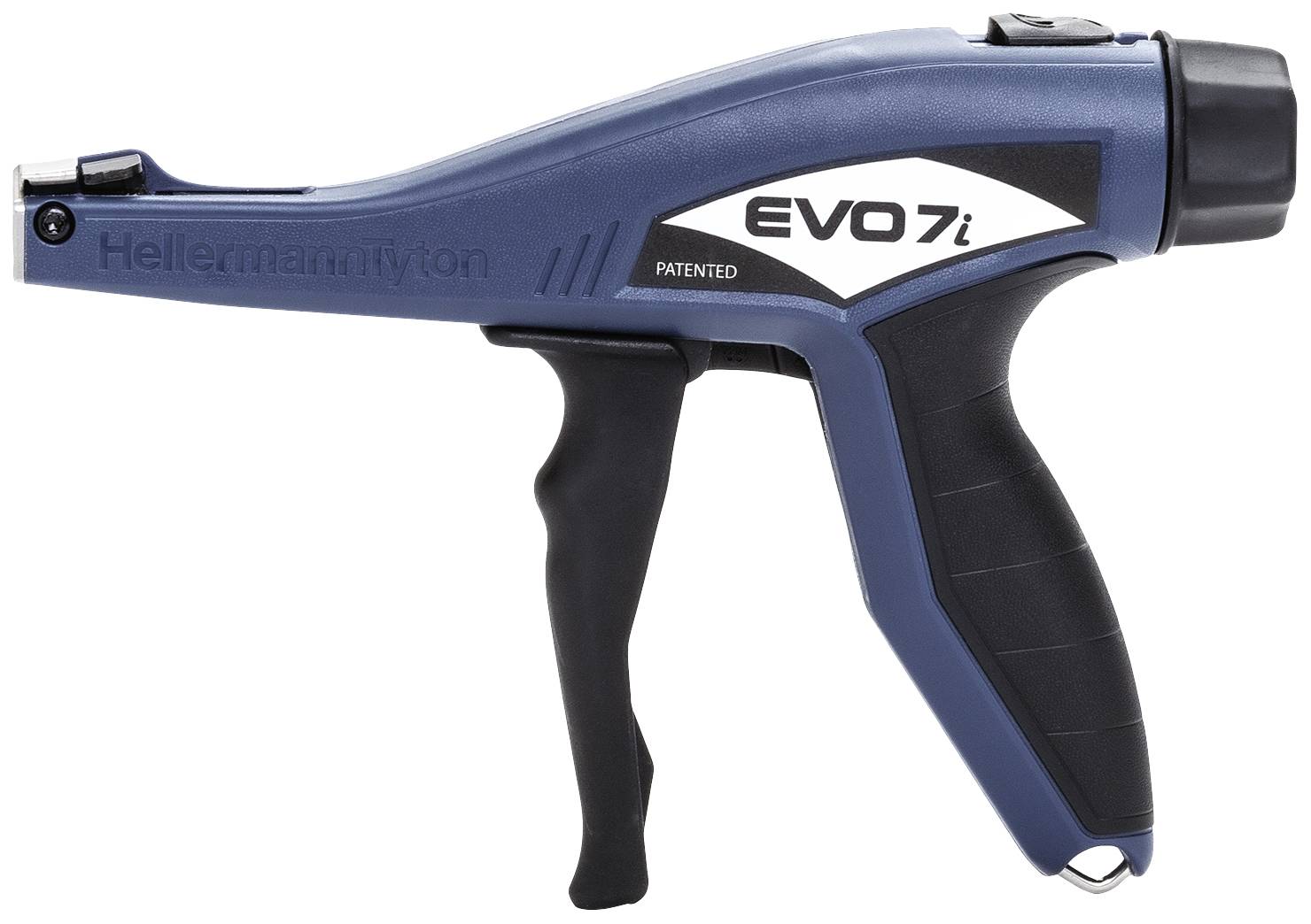 A blue hand tool with a black handle, labelled with 'EVO 7i' and 'PATENTED', is lying on its side.