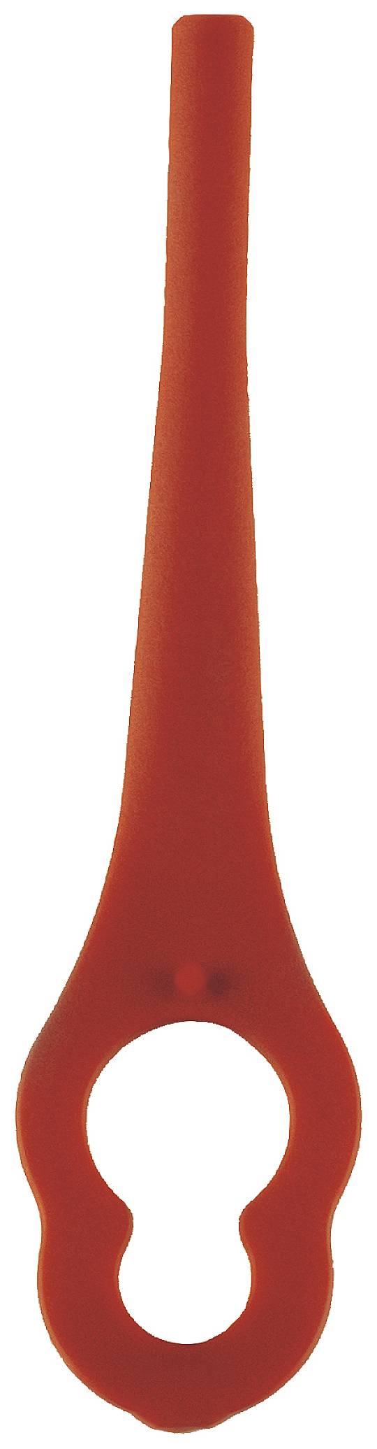 A red tool-like implement with a large round hole in the centre and a long, tapering handle at the top.