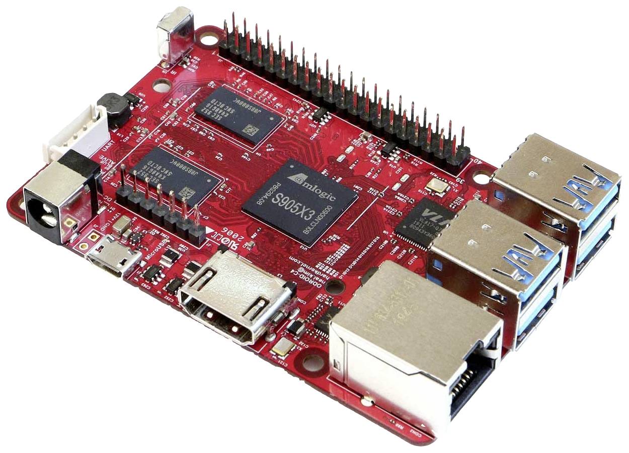 A red single-board computer with multiple USB ports, HDMI output, Ethernet port, and GPIO pins, suitable for DIY projects.