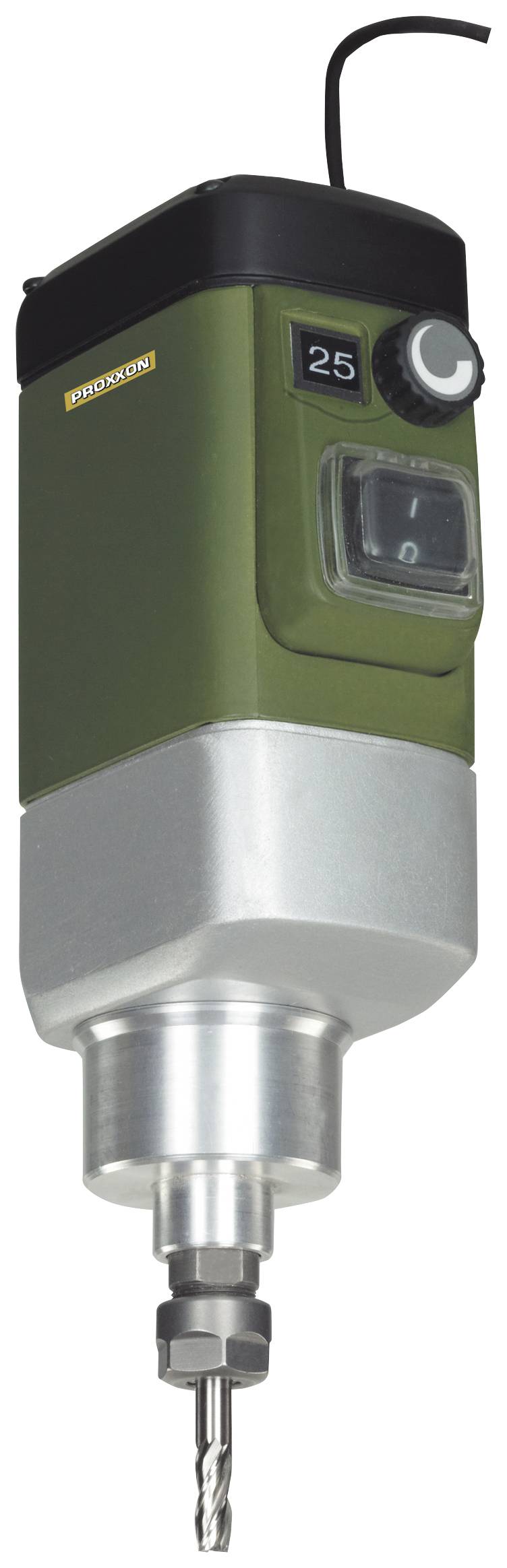 A green electric motor with a digital display and control elements, used for precise drilling or milling in industrial applications.