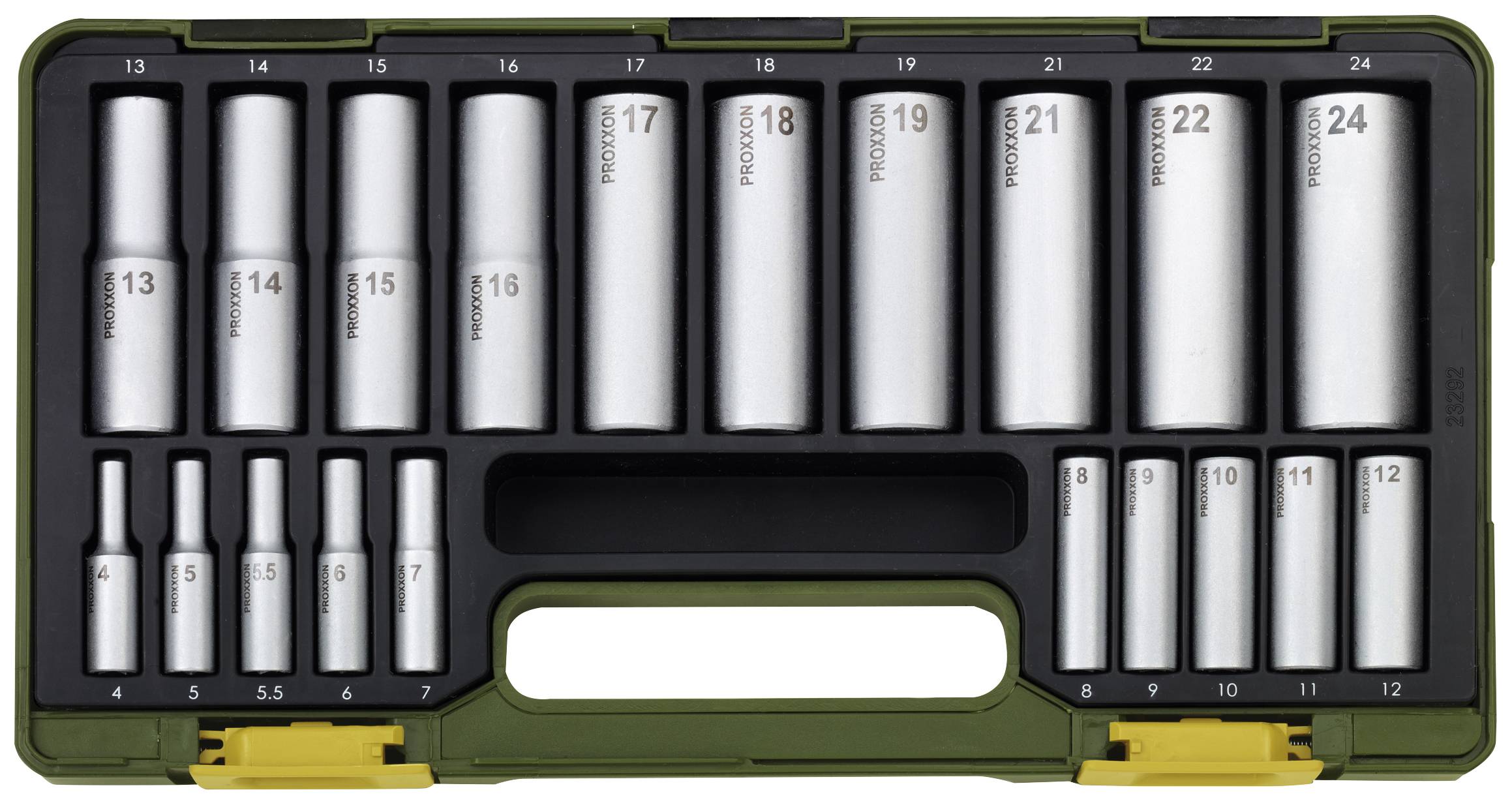 Set of wooden pegs in various sizes, arranged in a black and green case.