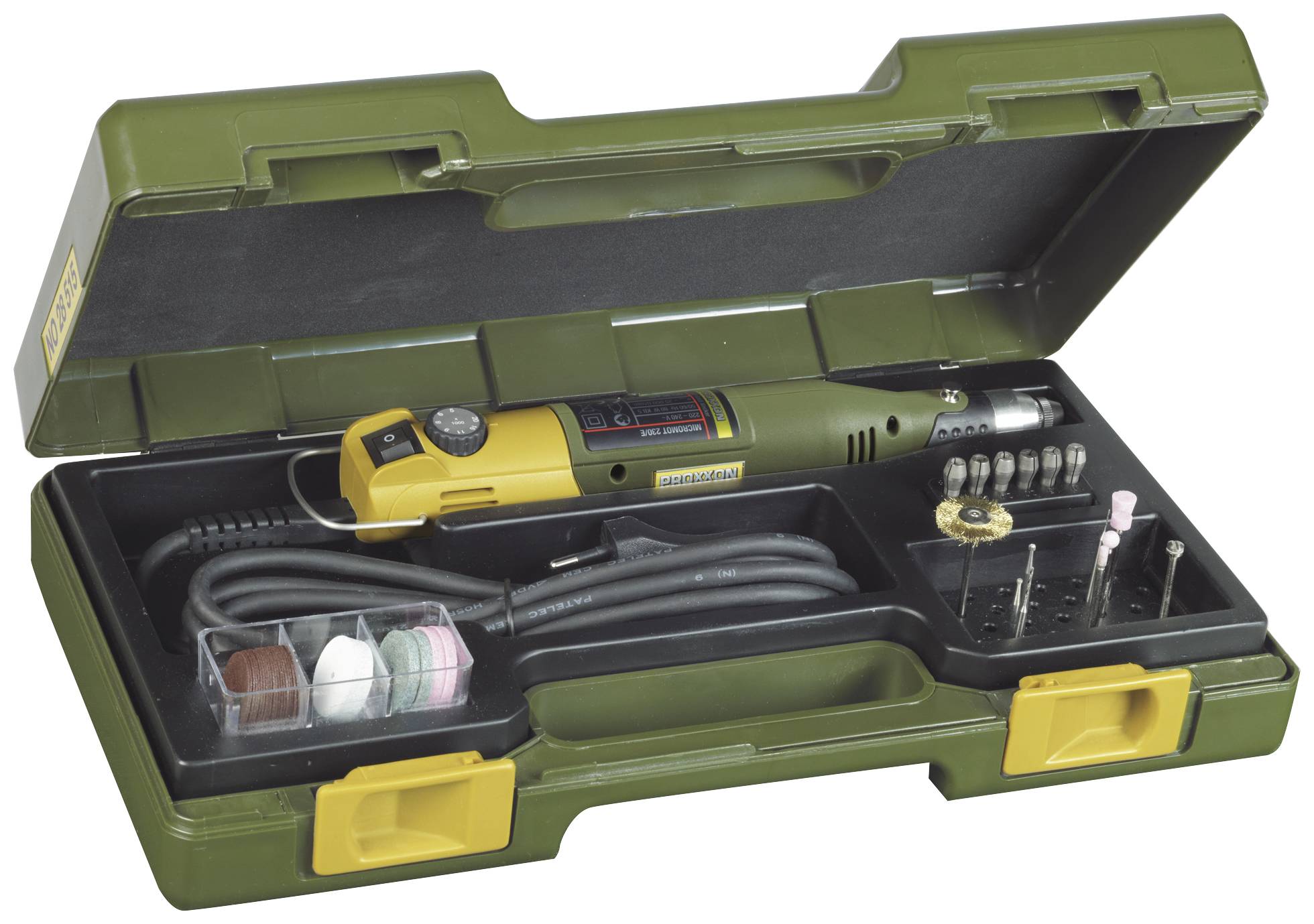 Green tool case with a yellow multi-tool and various attachments. Perfect for DIY projects.