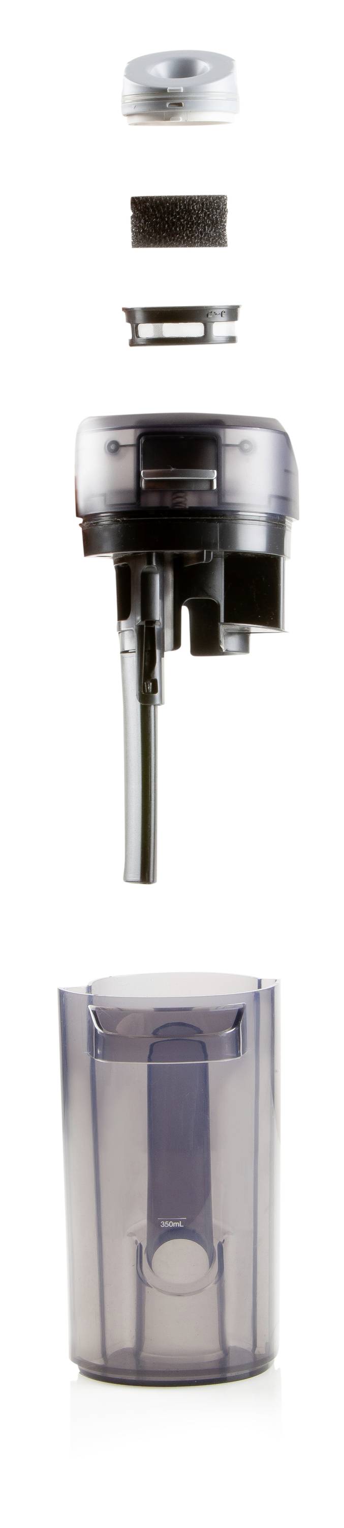 Exploded view of a water filter component with multiple layers and parts, including housing, sieve, seals, and container.