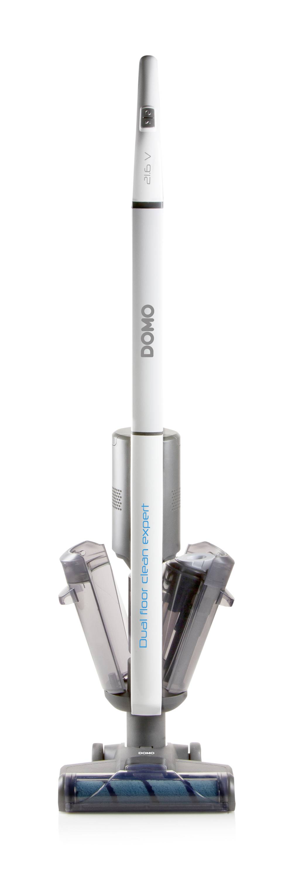 A white cordless vacuum cleaner stands upright. The brand name DOMO is visible on the handle.