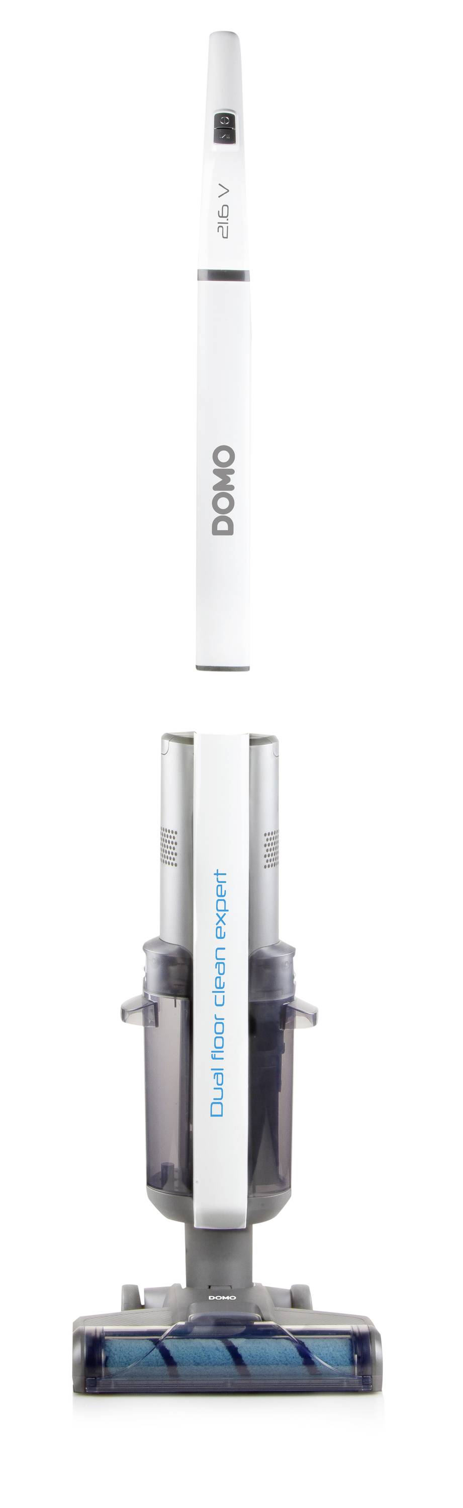 A white cordless vacuum cleaner with 'Domo' and 'Dual Hair Remover' written on it, standing in full view against a white background.