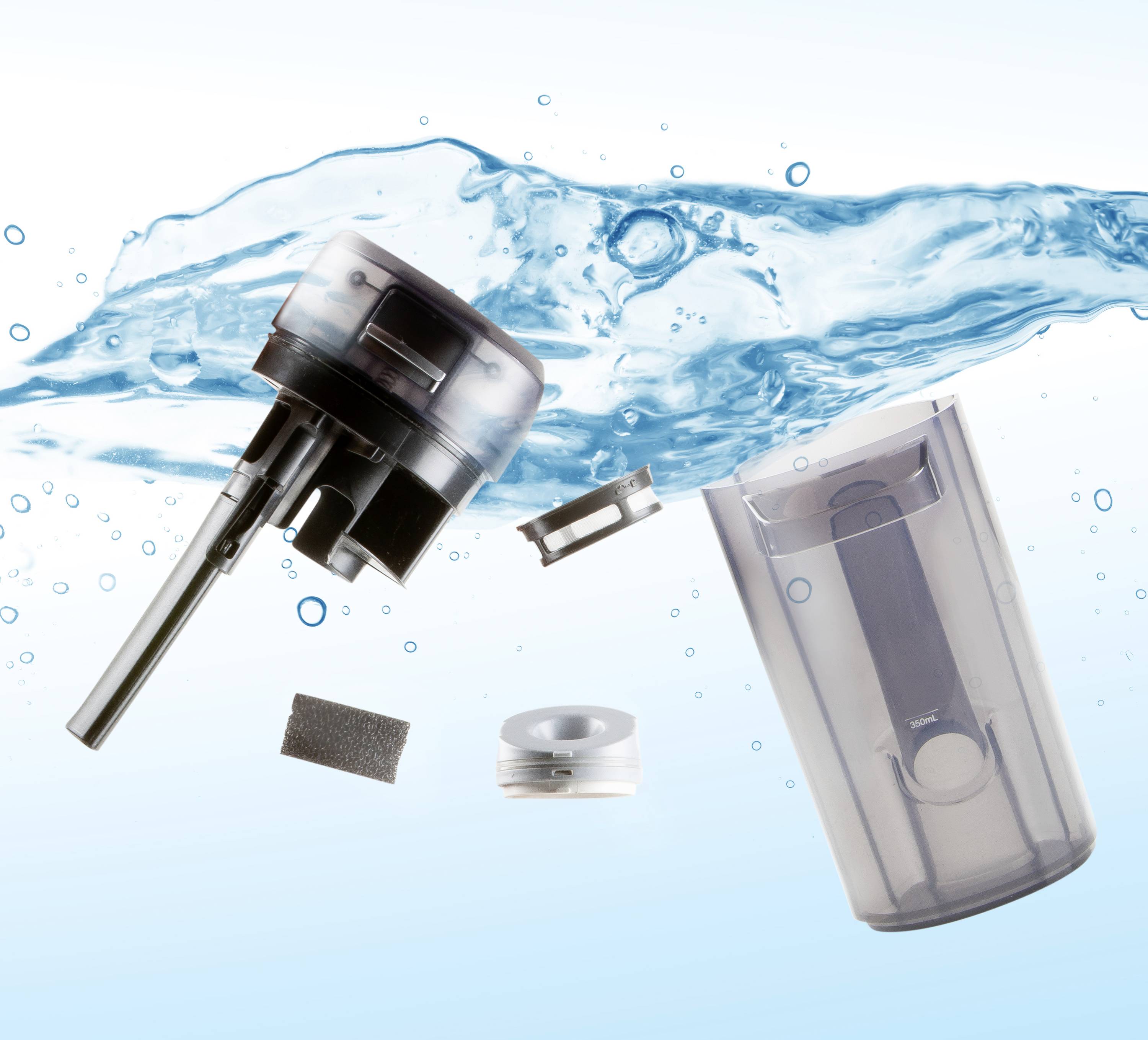 A water filtration system in individual components, set against a background of splashing water, demonstrates the parts and function.