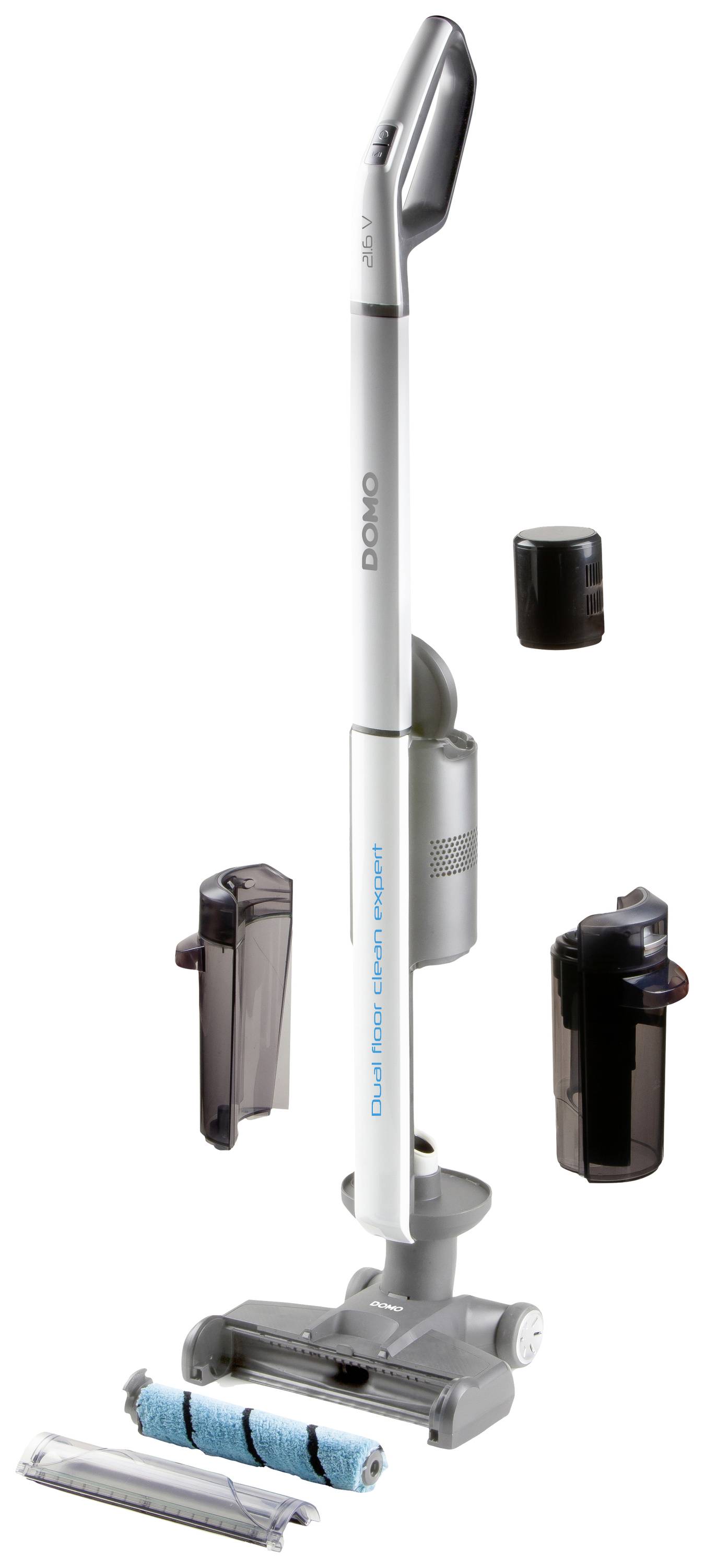 A cordless vacuum cleaner with accessories such as brushes and a dirt container, suitable for cleaning various floor types.