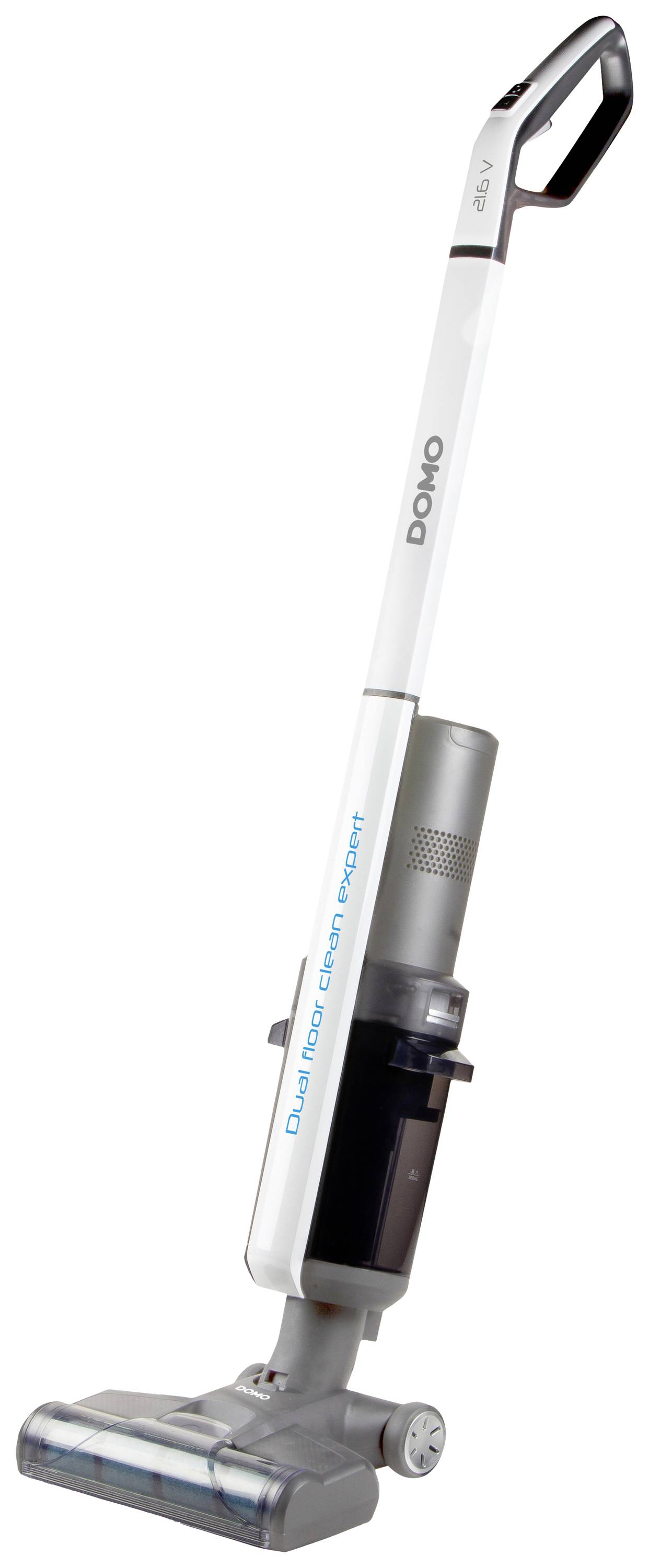Upright vacuum cleaner in white and grey, with an ergonomic handle and removable container.