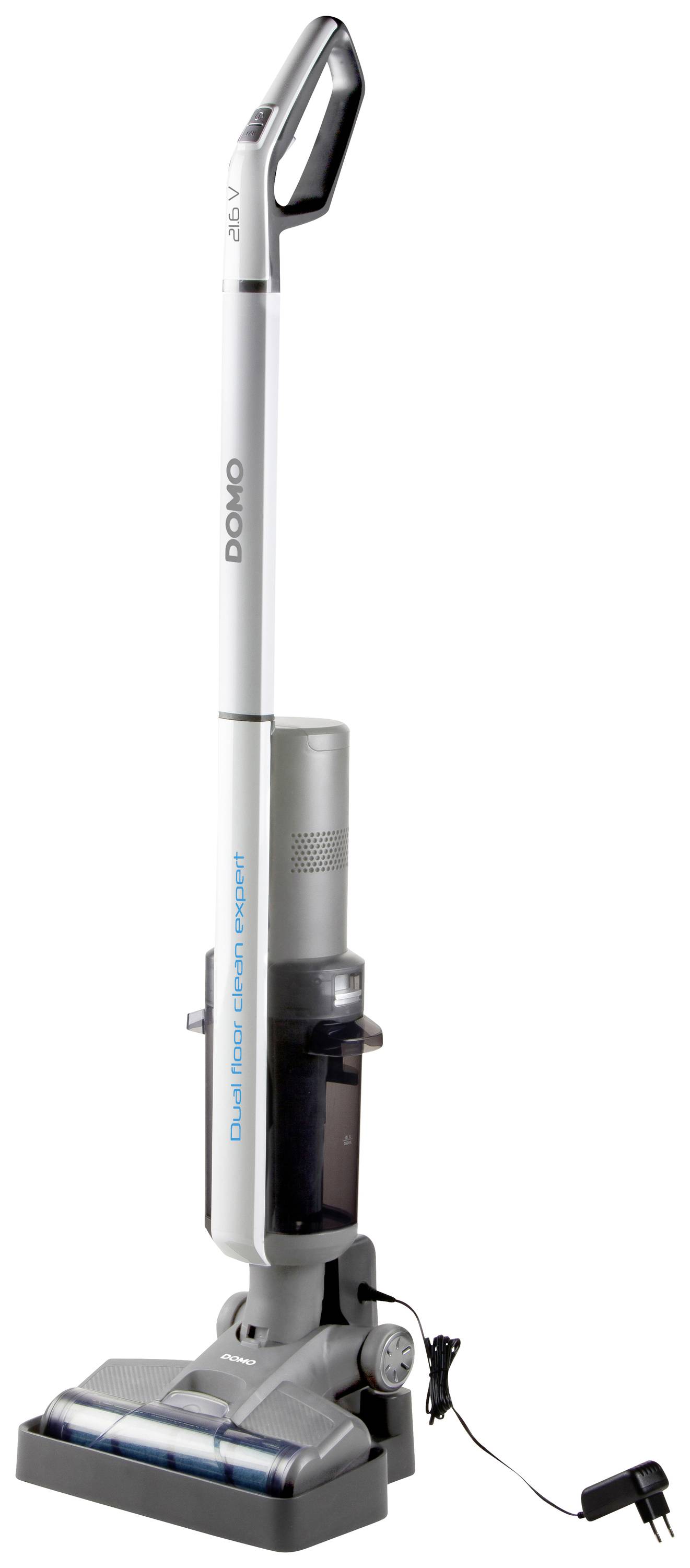 A cordless stick vacuum cleaner in an upright position with charging cable. It is white and grey, ideal for light cleaning.