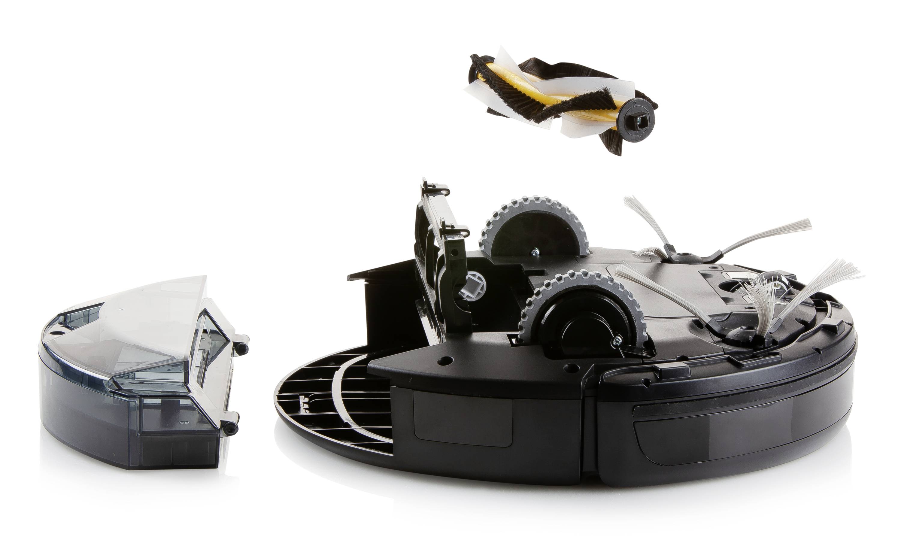 A robot vacuum with its parts removed reveals the underside and interchangeable components, illustrating cleaning and maintenance.
