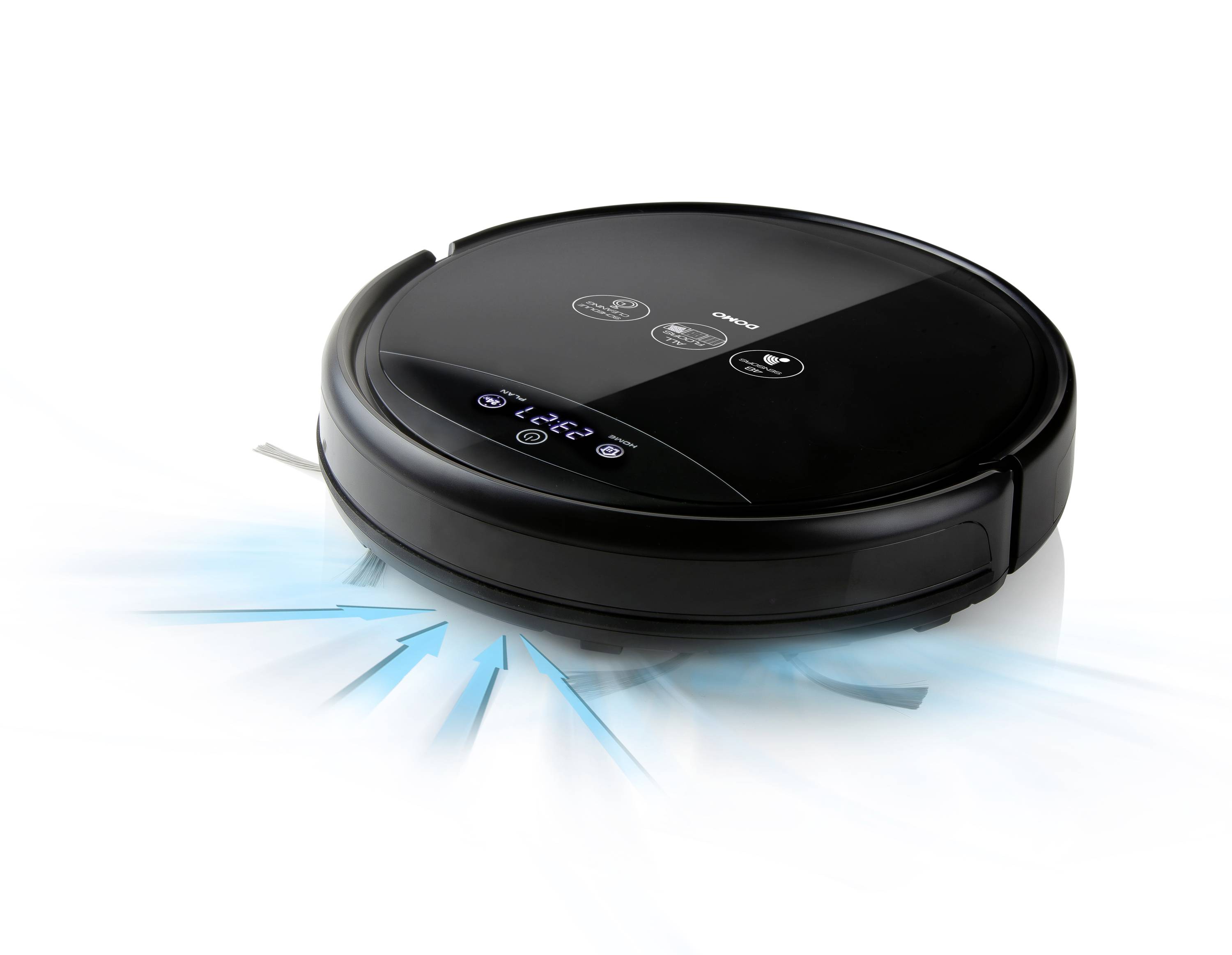A round, black robot vacuum cleaner on a white background. It displays blue lights and symbols on its top surface, representing its functions.