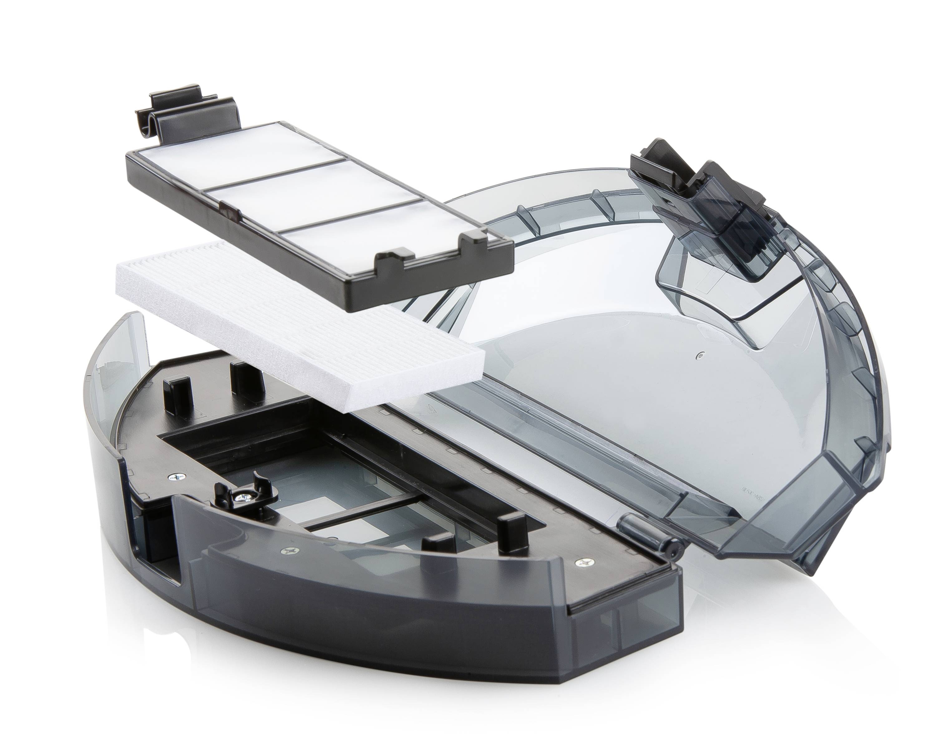 An opened dust container of a robotic vacuum cleaner with a visible HEPA filter and foam.