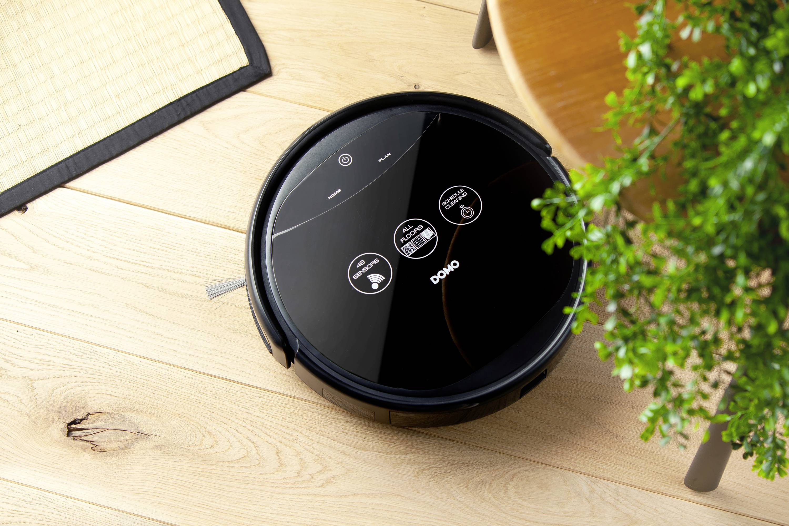 A round, black robot vacuum cleaner with a touch control panel on a wooden floor next to a table and a green plant.
