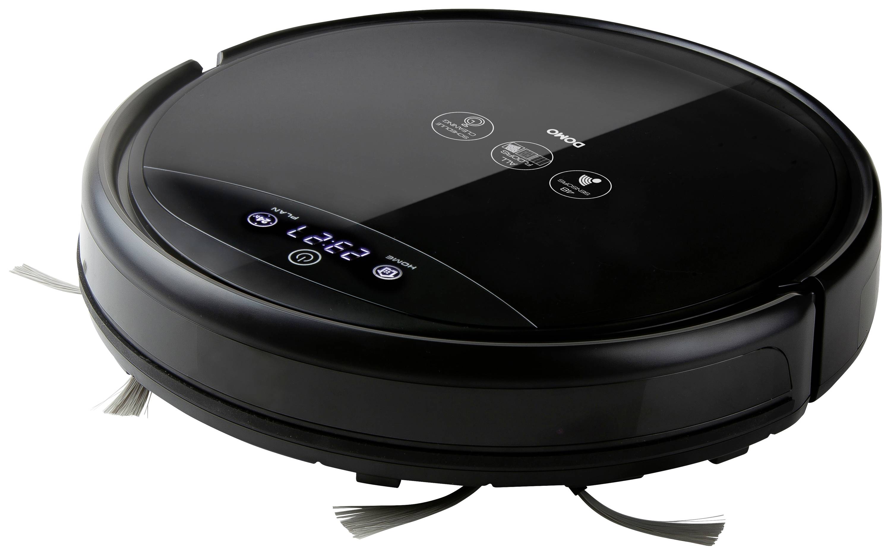 A black robotic vacuum cleaner with a display and control functions on the top surface.