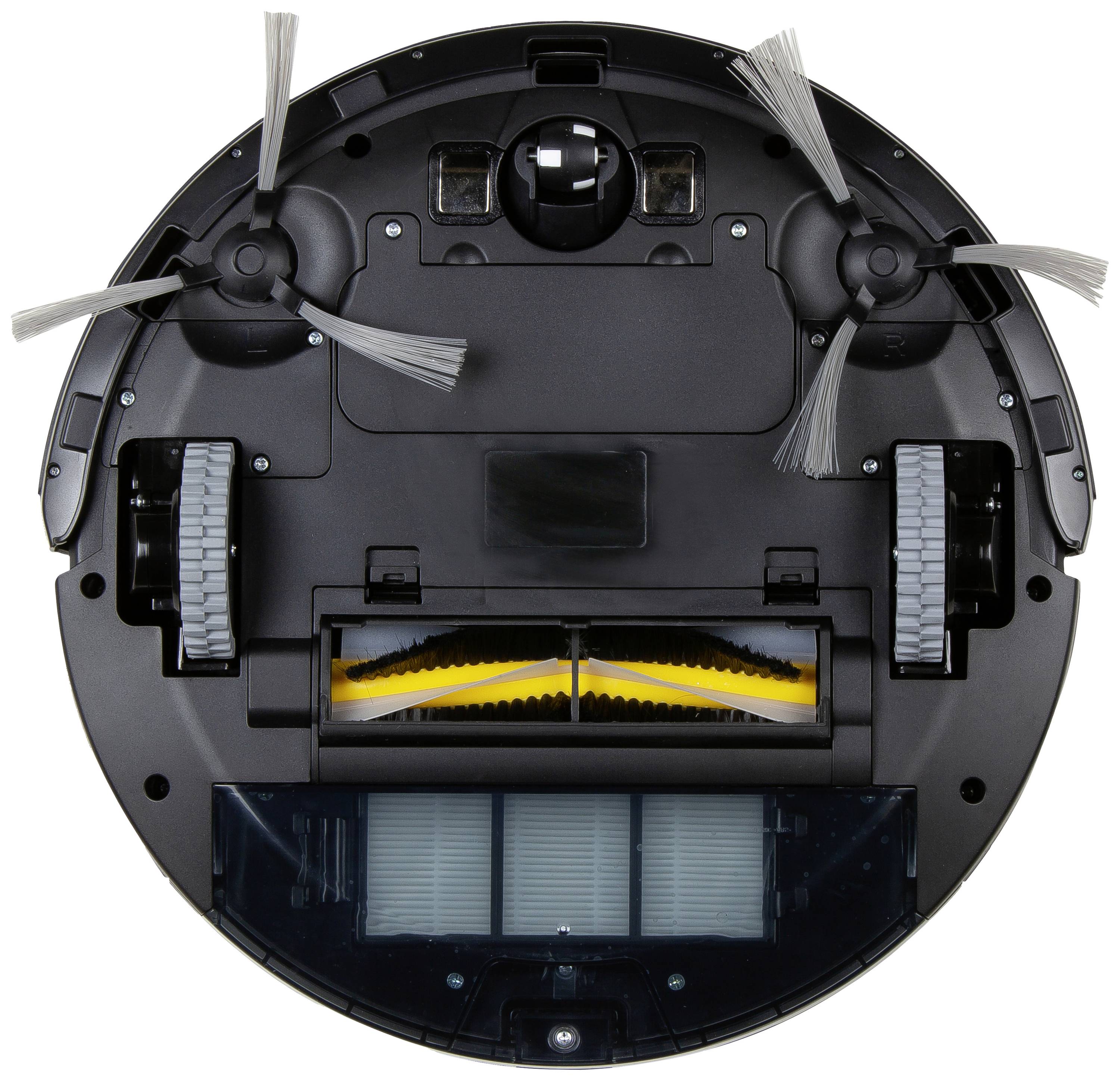 Vacuum cleaning robot viewed from underneath, with brushes and wheels visible. Main brush and dust container located in the centre.