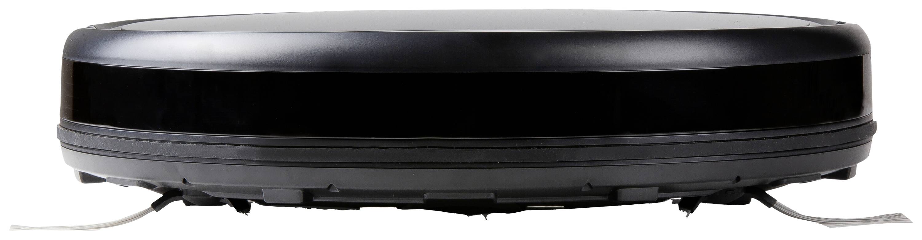 A black robotic vacuum cleaner from the side view, showing a flat body with rounded edges and brushes at the lower corners.