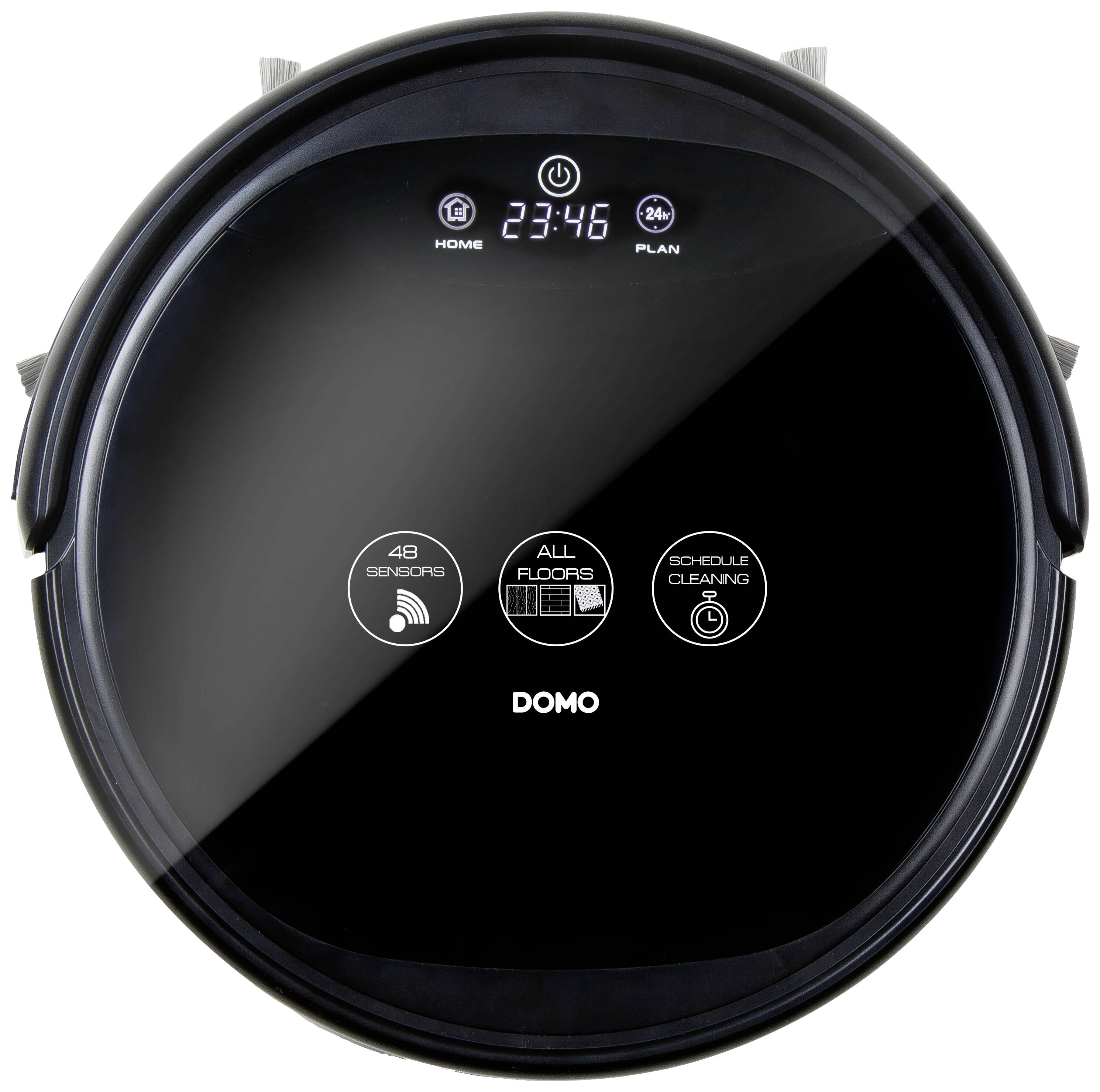 A round, black robotic vacuum cleaner with a digital display shows '23:46'. Symbols for Wi-Fi, floor types, and quick cleaning are visible.