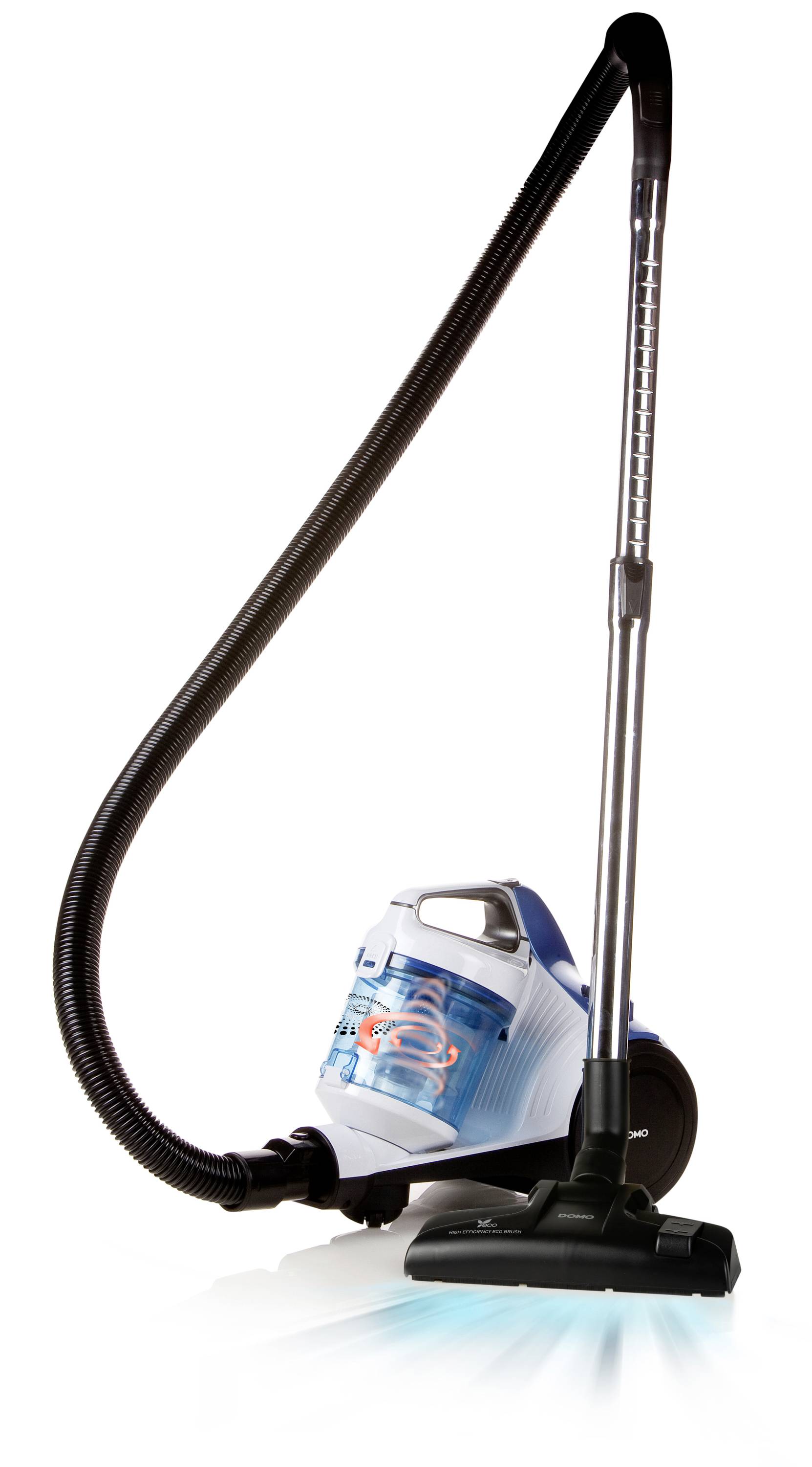 A blue vacuum cleaner with a transparent container stands upright. A long black hose is attached, and the floor is being vacuumed.