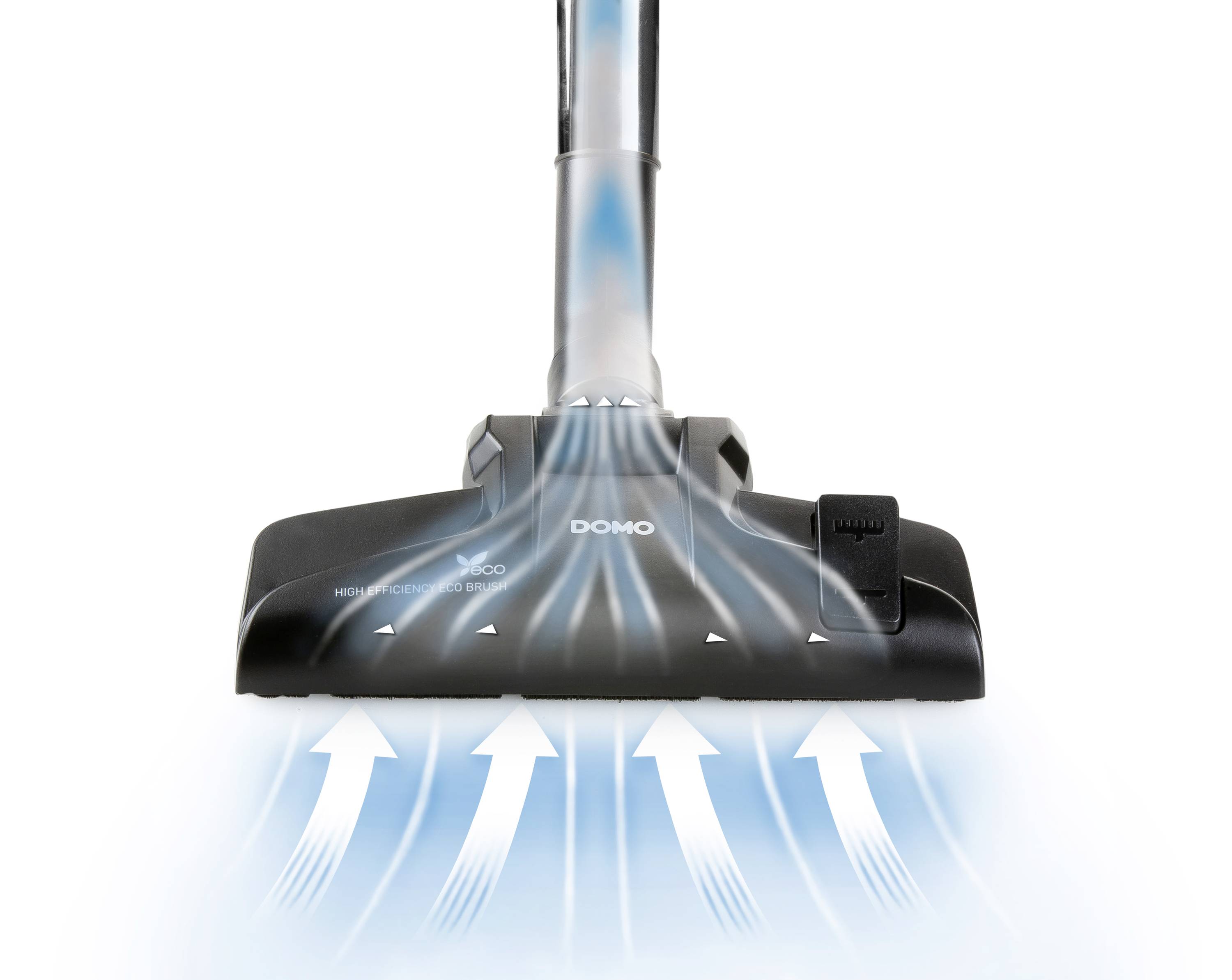 A vacuum cleaner sucks up dust with a powerful air current. White arrows indicate the suction power beneath the nozzle. Essential for cleaning.