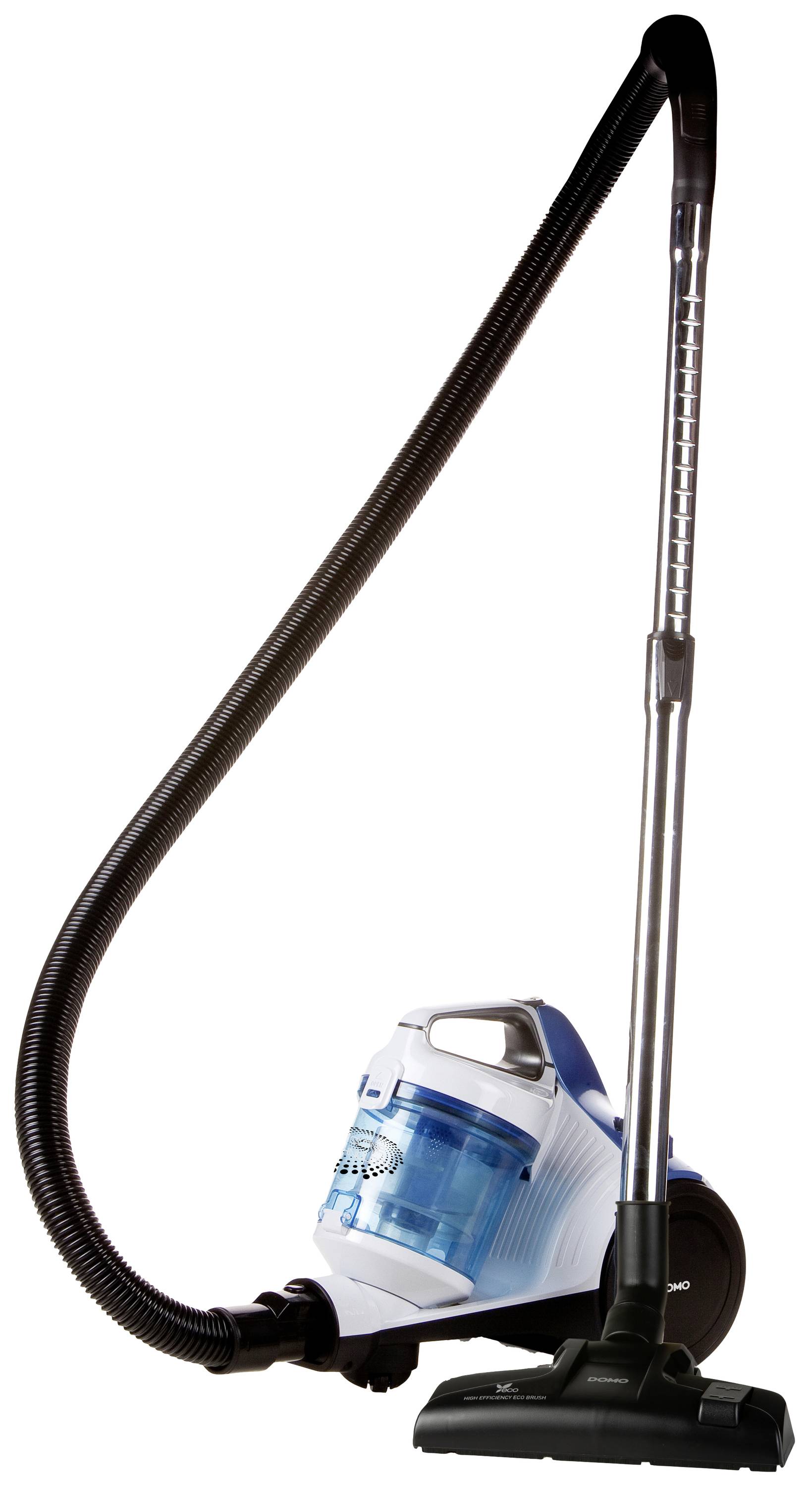 Vacuum cleaner with a blue, transparent container and a long, black suction tube for efficient cleaning.
