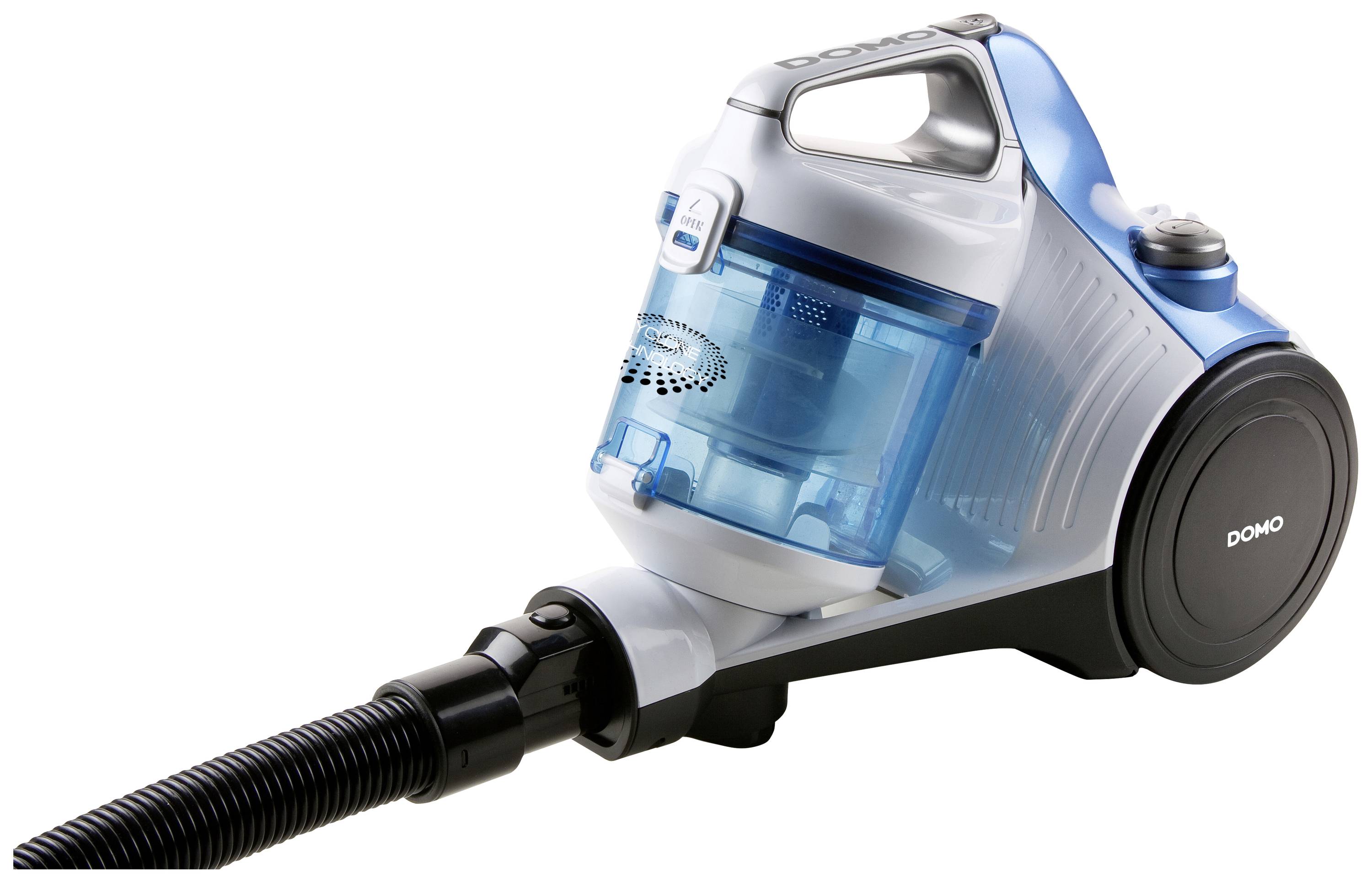 Blue and white vacuum cleaner with dust container and suction hose, brand 'DOMO'.