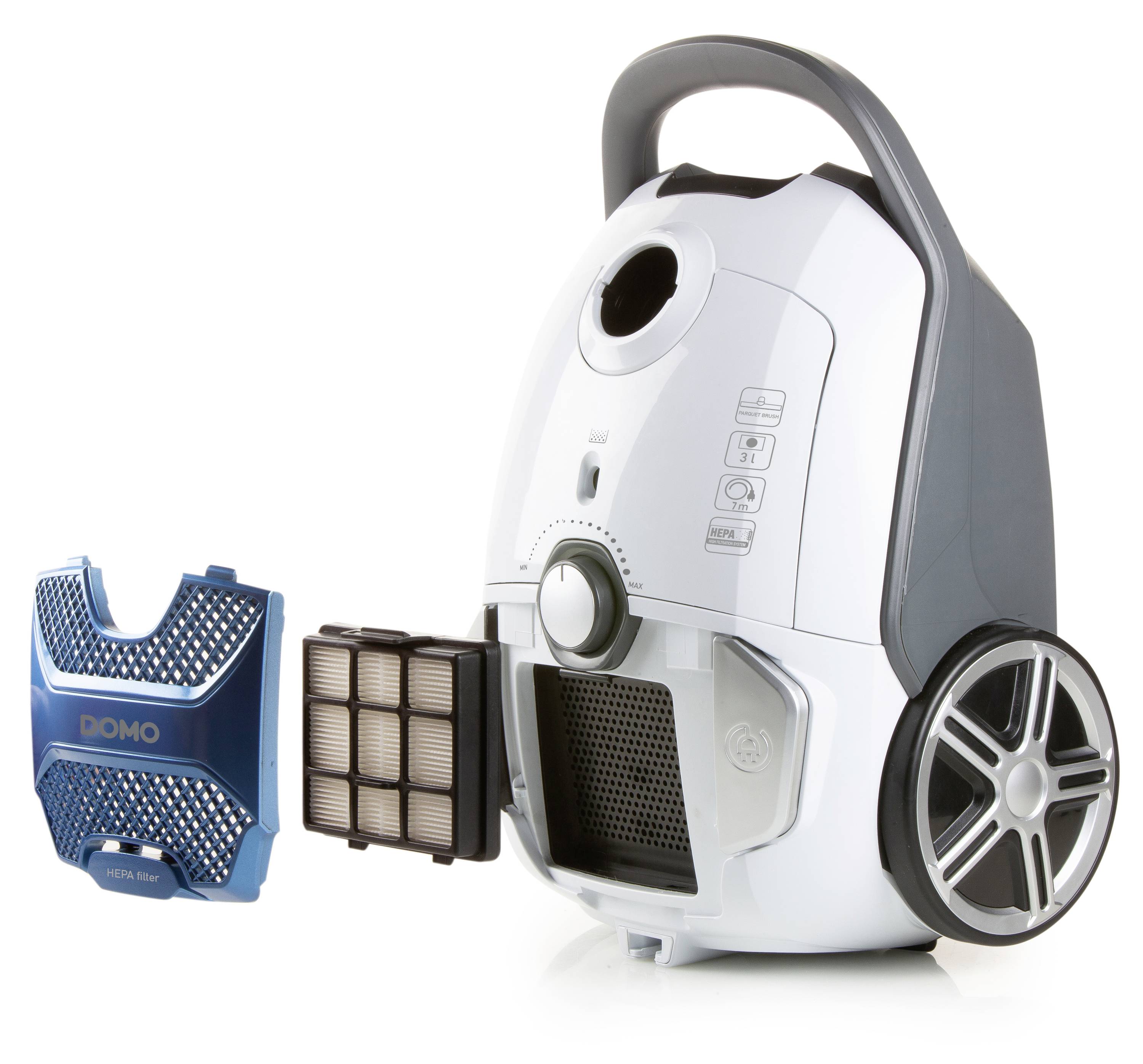 A white vacuum cleaner with large wheels and a HEPA filter next to the device, displaying its spare parts and modern features.