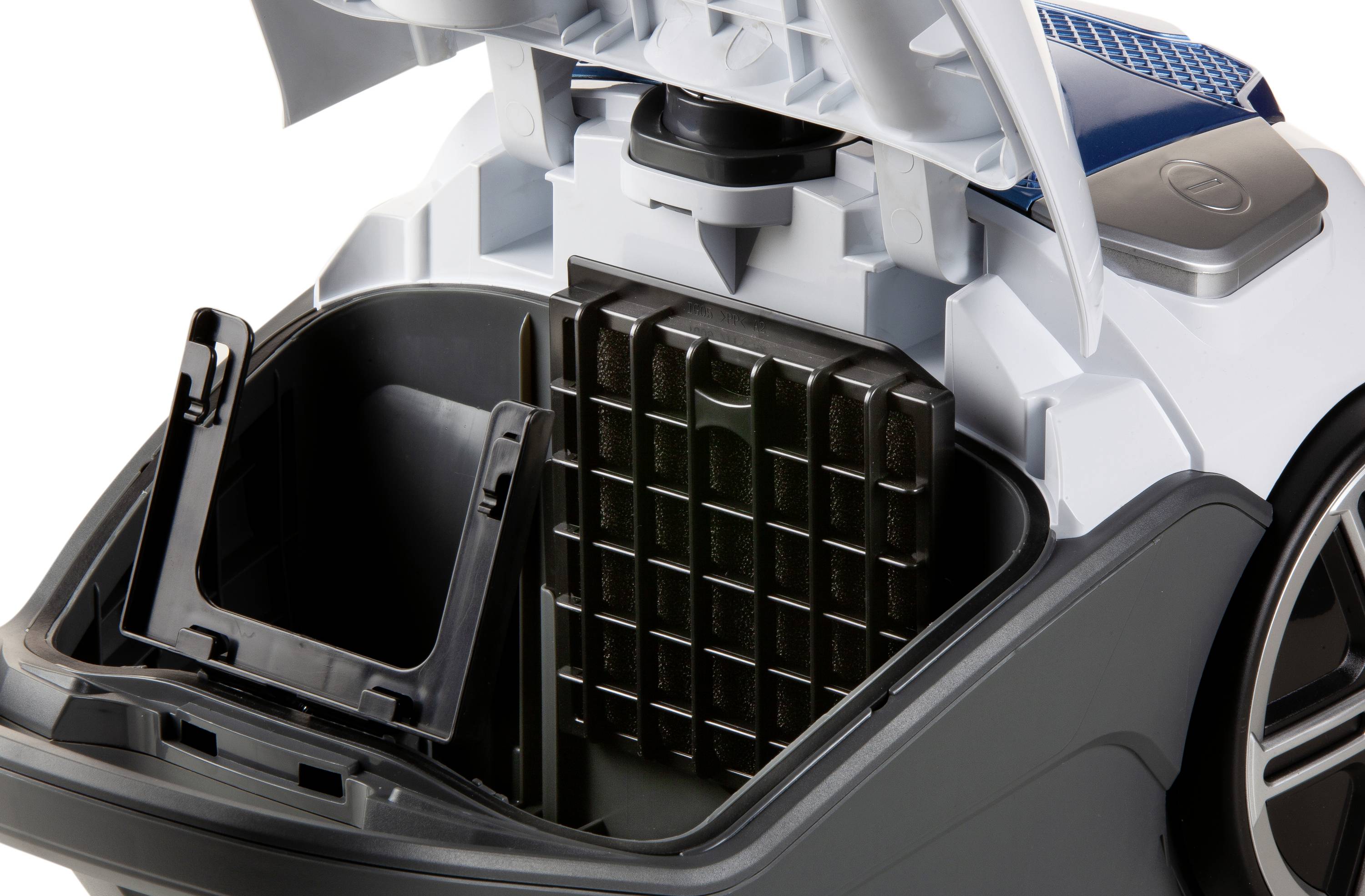 Vacuum cleaner with an open container revealing an integrated filter. Suitable for bagless cleaning.