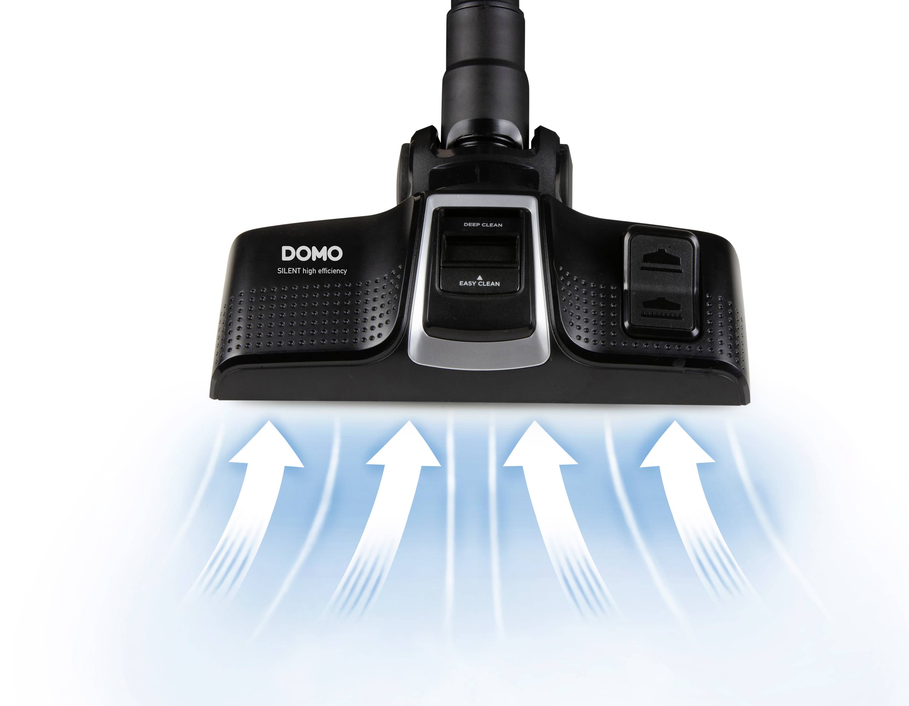 Vacuum cleaner nozzle with air flow arrows pointing upwards, illustrating the powerful suction mechanism and efficiency.