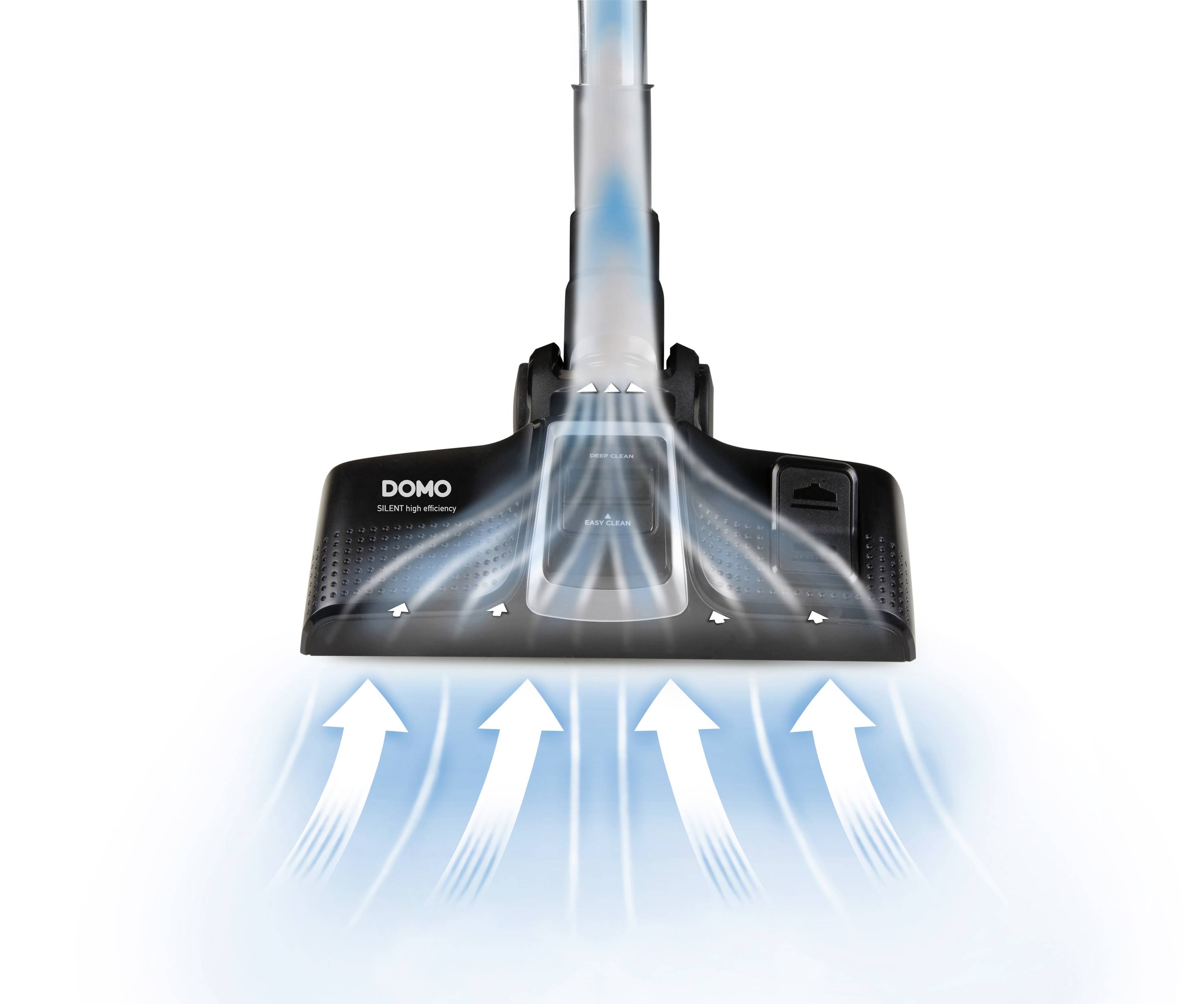 Vacuum cleaner nozzle with blue arrows indicating airflow and suction power upwards. Brand name 'DOMO' visible on the nozzle.