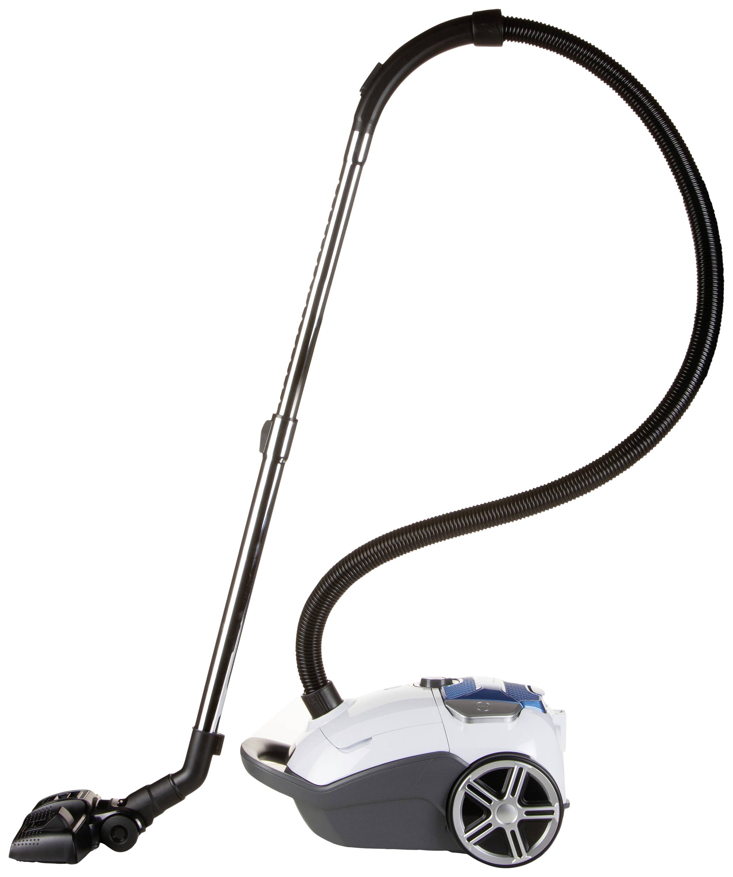 A white vacuum cleaner with a hose and floor brush stands upright. The vacuum cleaner has large wheels and a modern design.