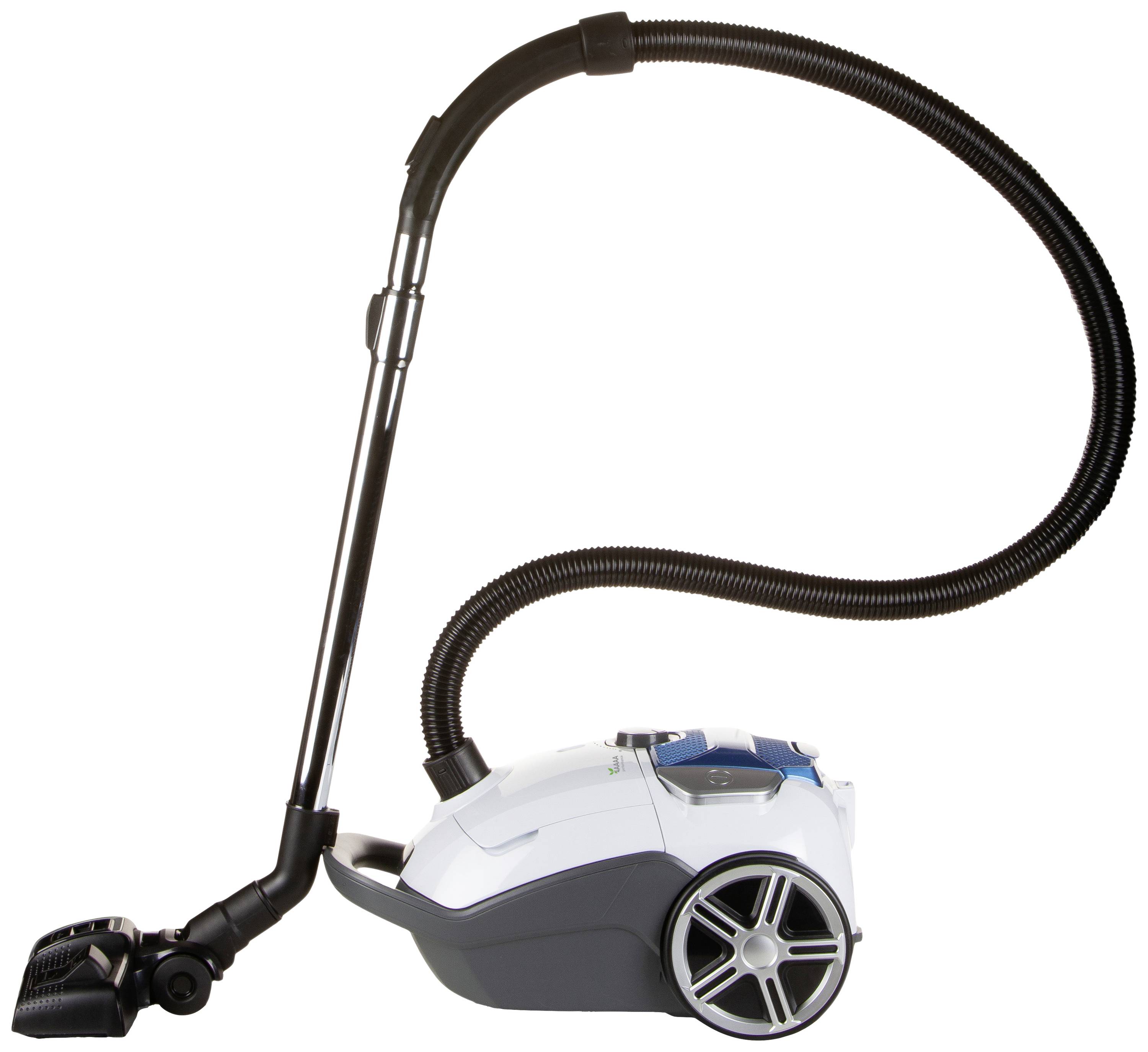 A white and grey vacuum cleaner with a large wheel and flexible suction hose.