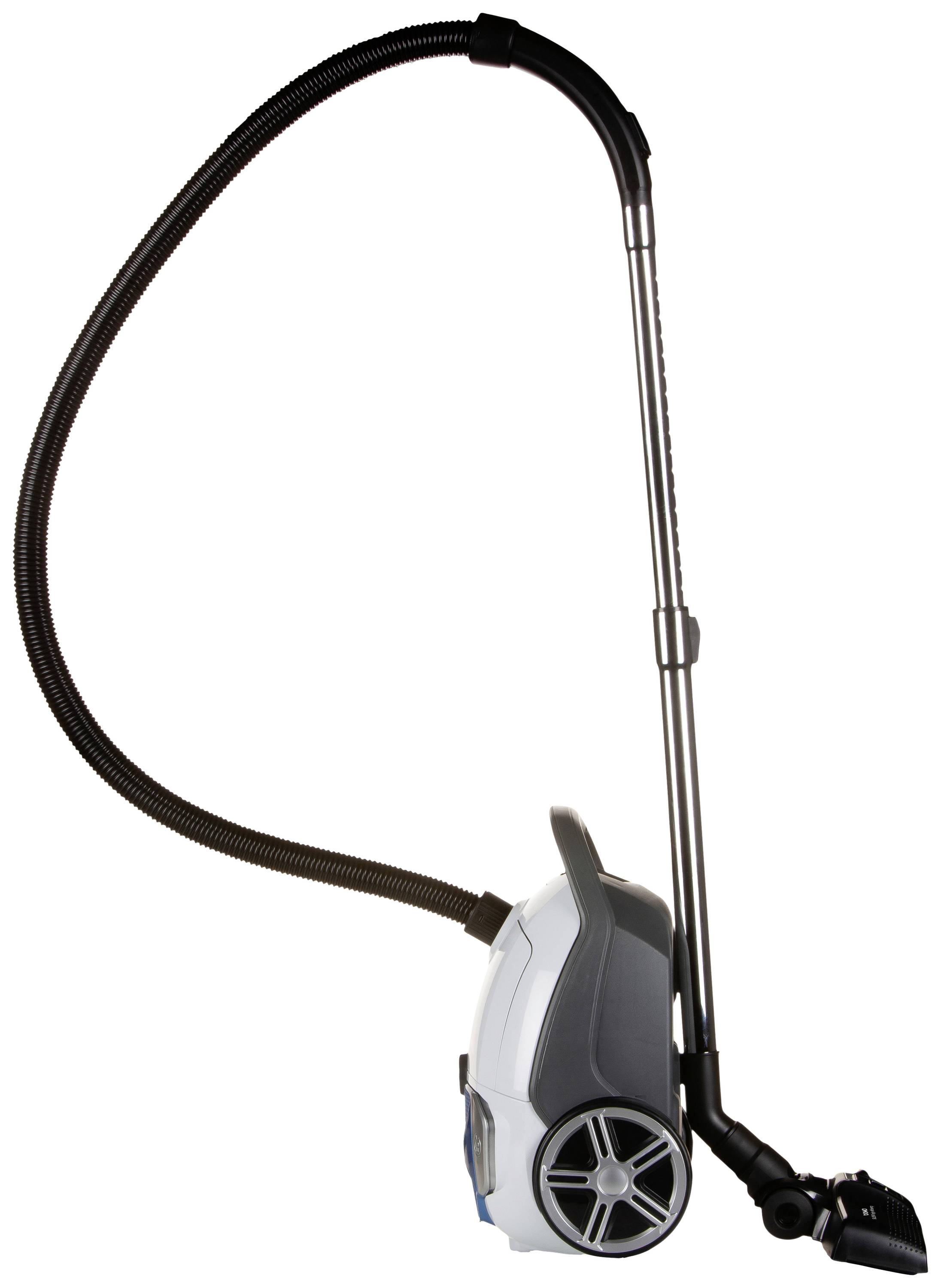 A modern vacuum cleaner with a long hose and wheels, ready for use.