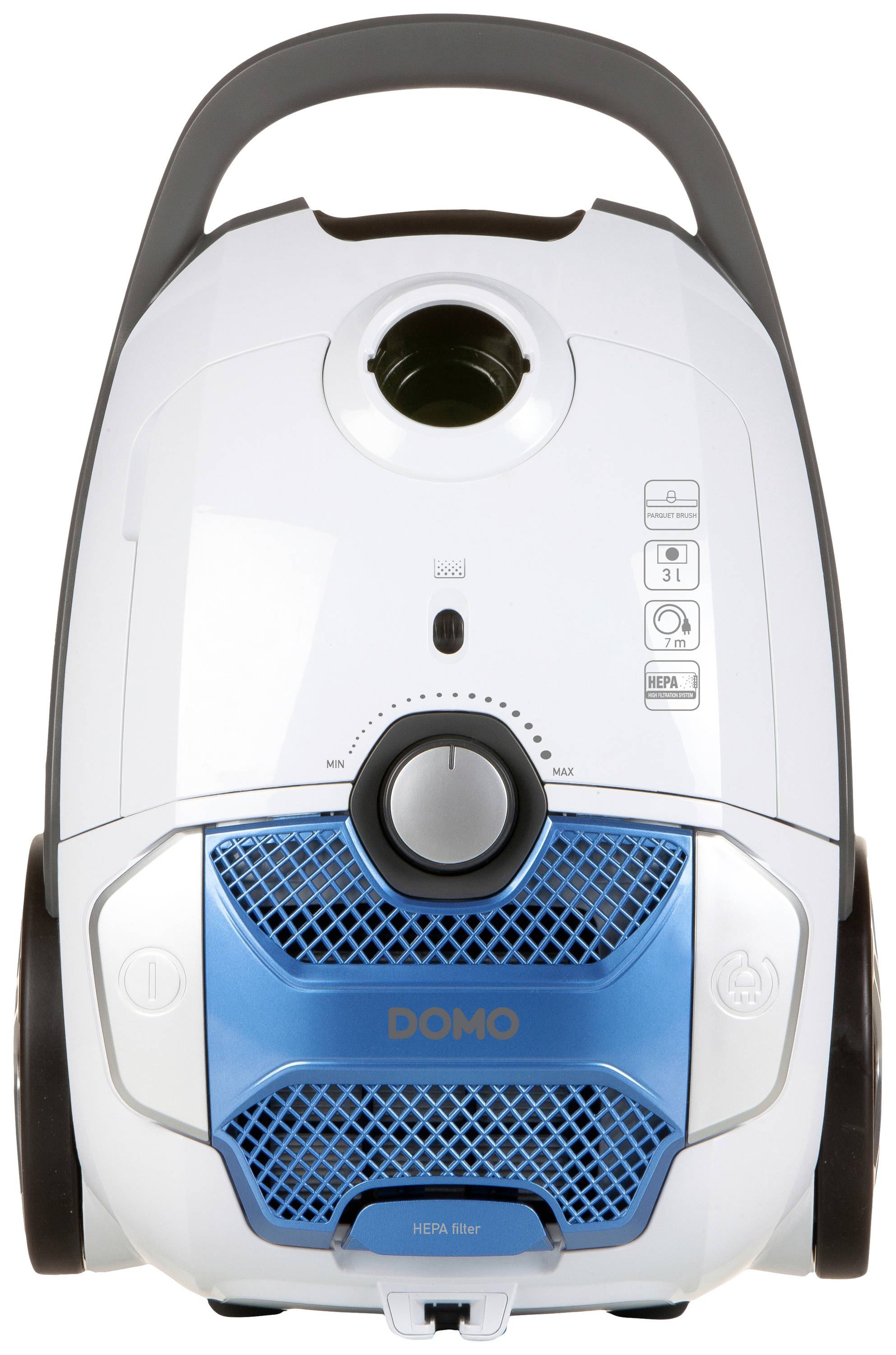 A white vacuum cleaner with blue details and a HEPA filter. Brand name 'DOMO' on the front. Control buttons located above the air vent.