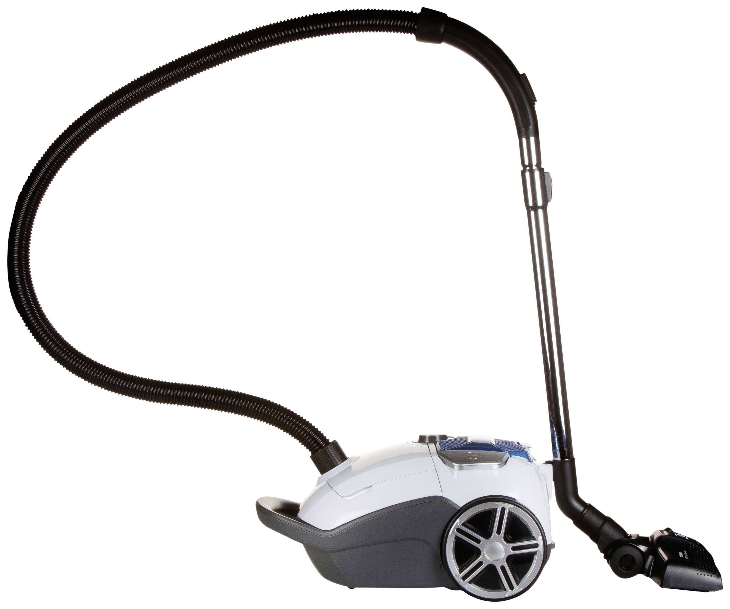 A white, modern vacuum cleaner with a black hose and wheels, shown from the side against a white background.