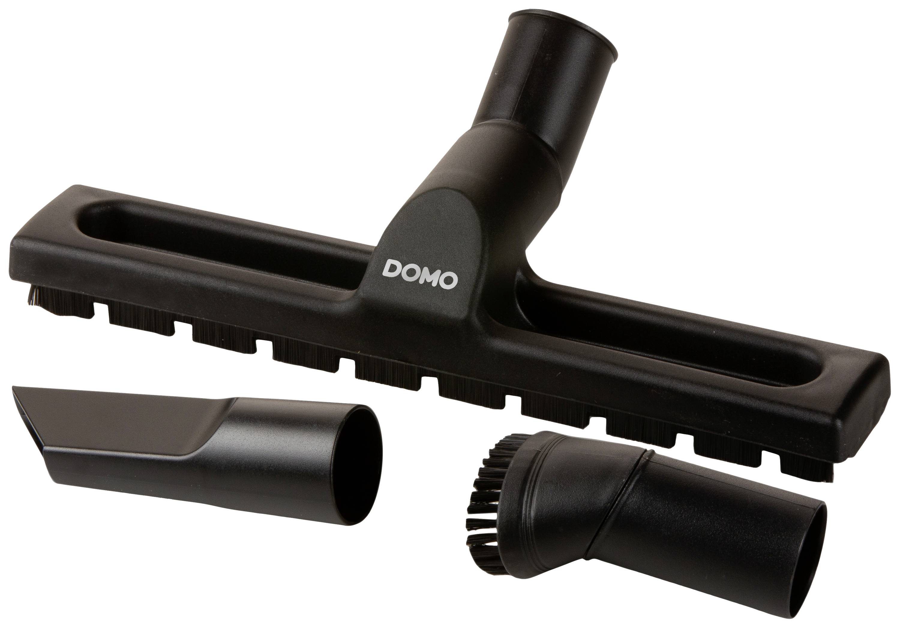 A black vacuum cleaner nozzle set with floor head, crevice tool, and round brush. Suitable for various cleaning requirements.