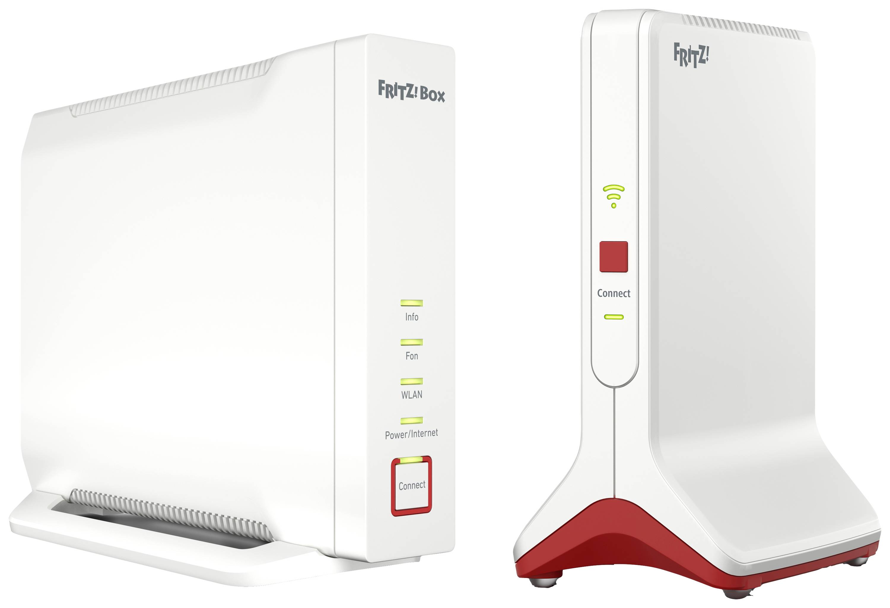 Two white FRITZ!Box devices with Wi-Fi symbols and red 'Connect' buttons. On the left is the larger box, on the right the smaller model.
