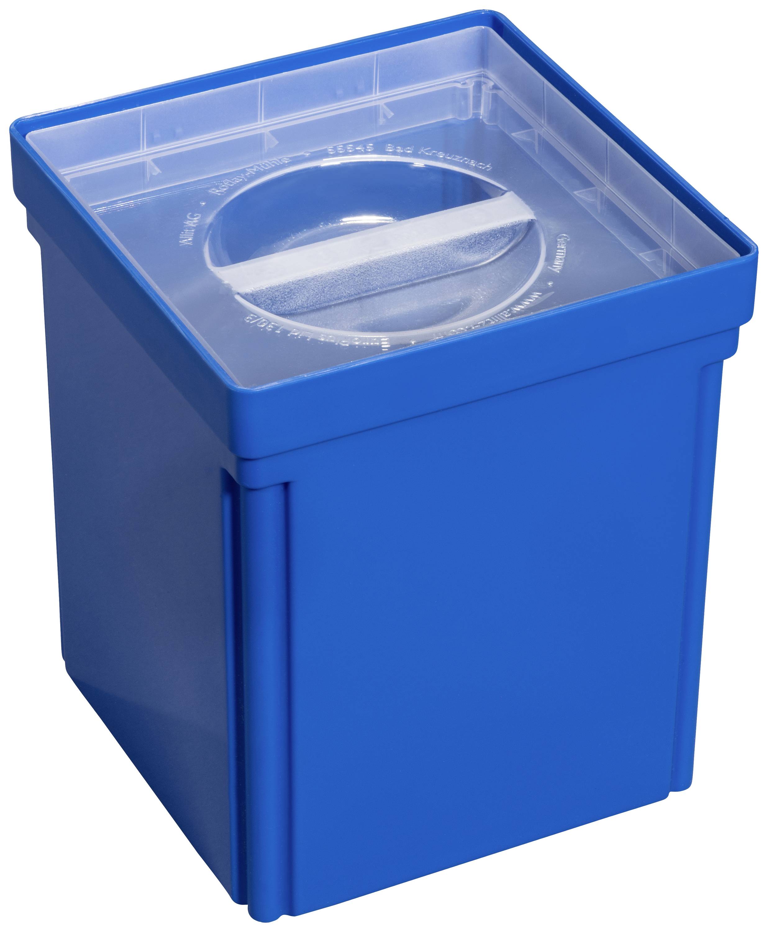 A blue, square plastic container with a transparent lid. The lid has a round insert in the centre.