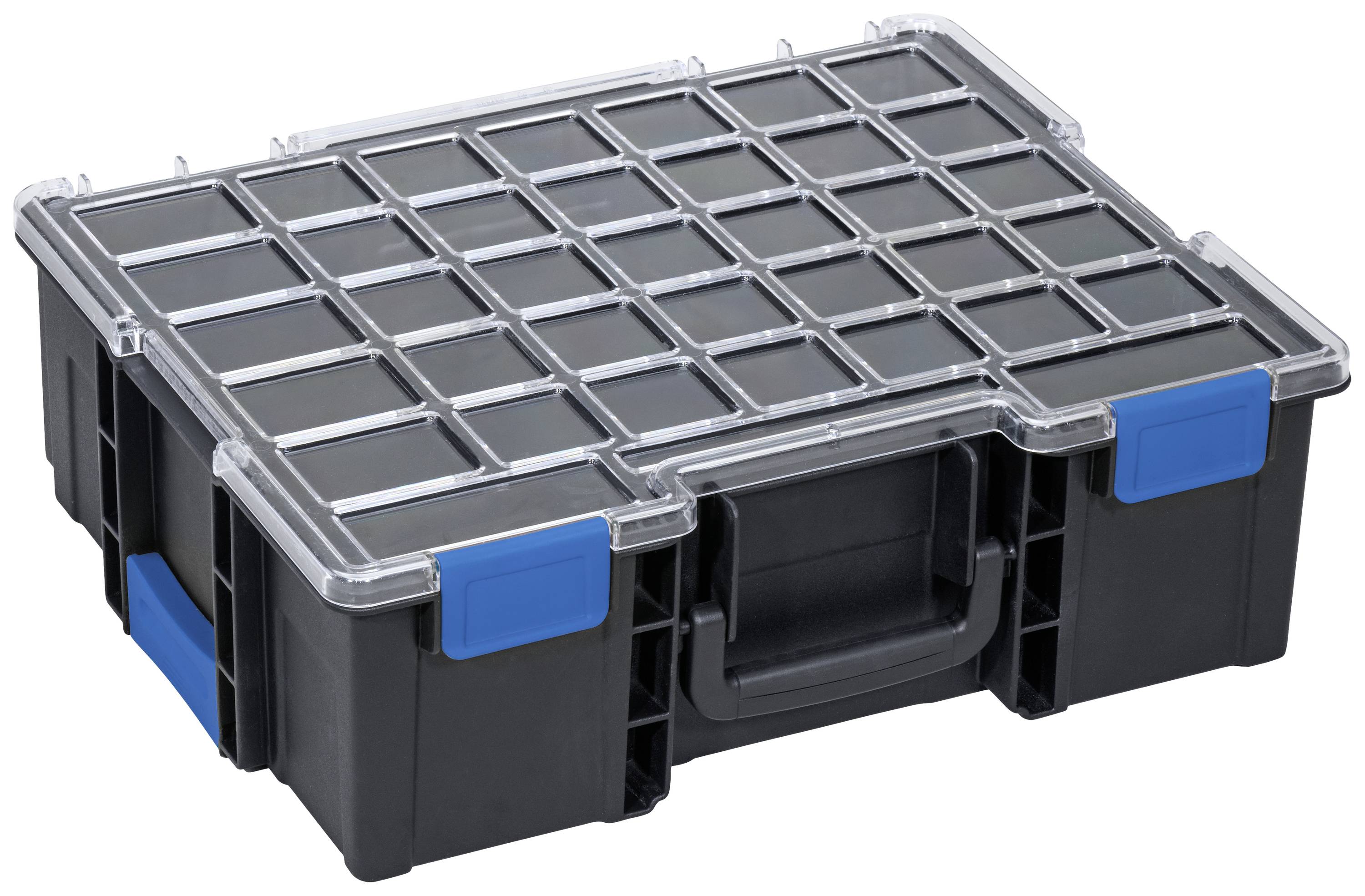 A black plastic organiser with a transparent lid and blue closures, suitable for storing small items.