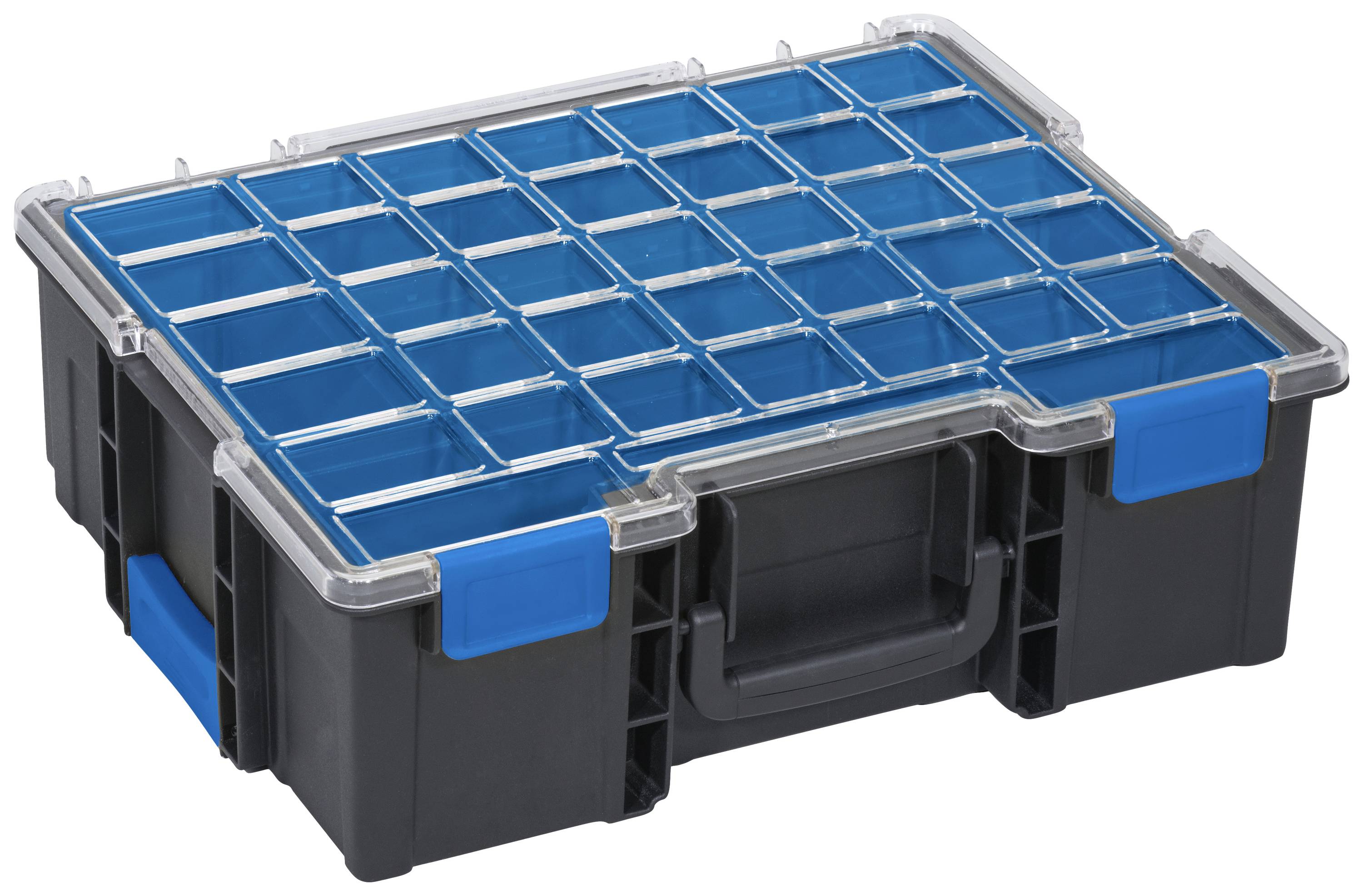 A black plastic tool case with a transparent blue lid divider, suitable for storing small parts.