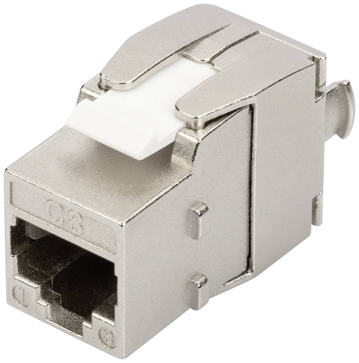 Metal network plug, compatible with RJ45 cables, showing the connector view with visible locking clips.