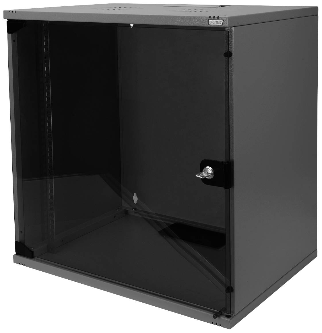 Black, wall-mounted enclosure with glass door and lock, suitable for network devices.