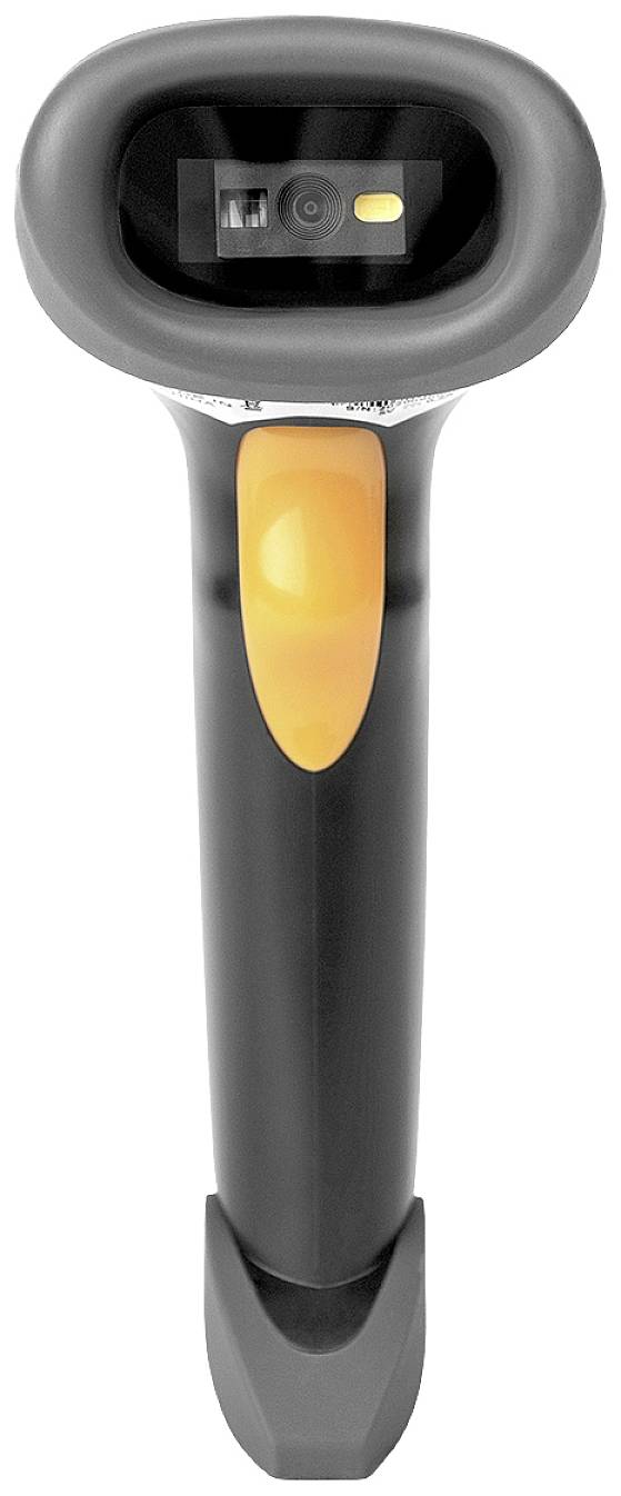 A black handheld scanner with an orange handle, suitable for scanning barcodes in a retail or warehouse environment.