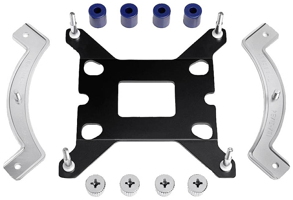 Metal mounting bracket for CPU cooler with screws and spacers, on a white background.
