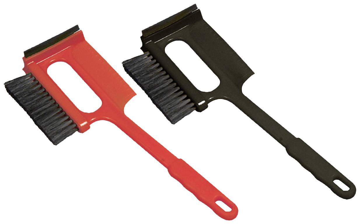 Two ice scrapers with integrated brush, one red and one black. The bristles are positioned at the upper end, suitable for removing snow.