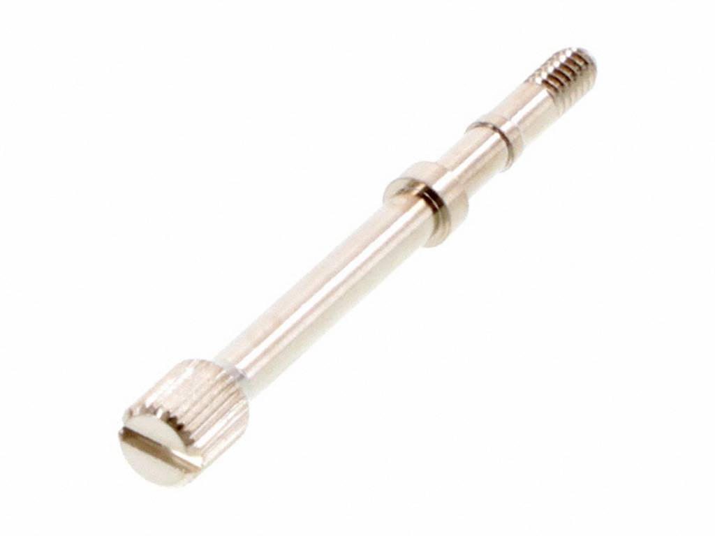Small metal rod with a knurled handle and threading at the end, possibly a watch pin.